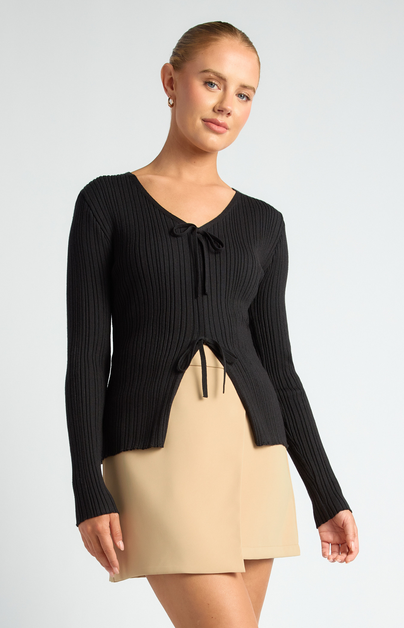 Double Tie Ribbed Knit Top with Split Detail (SKN933)