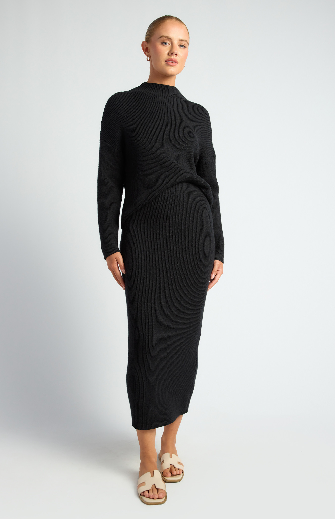 Mock Neck Jumper And  Midi Skirt Knit Set (SKN952)