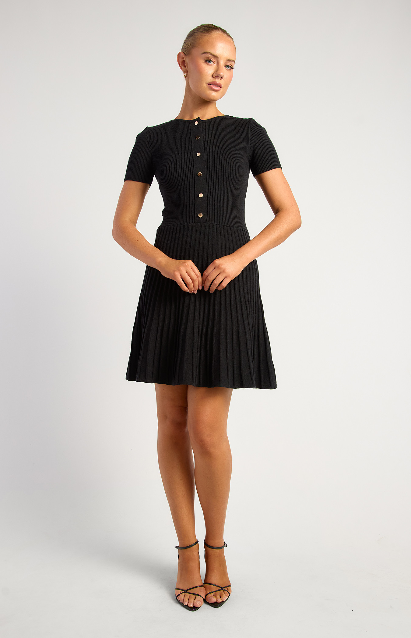 Short Sleeves Gold Button Bodice Knit Dress (SKN963)