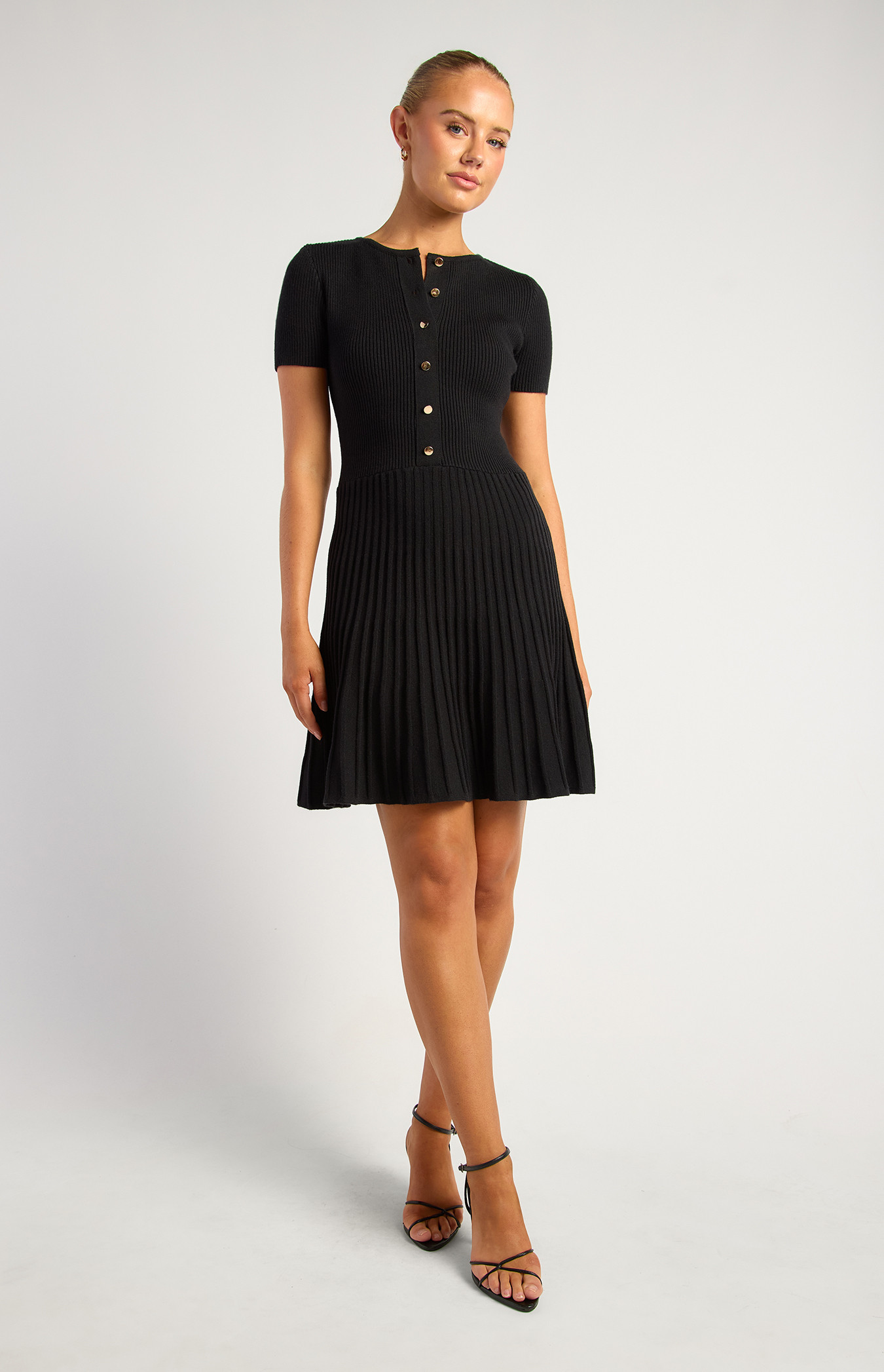 Short Sleeves Gold Button Bodice Knit Dress (SKN963)