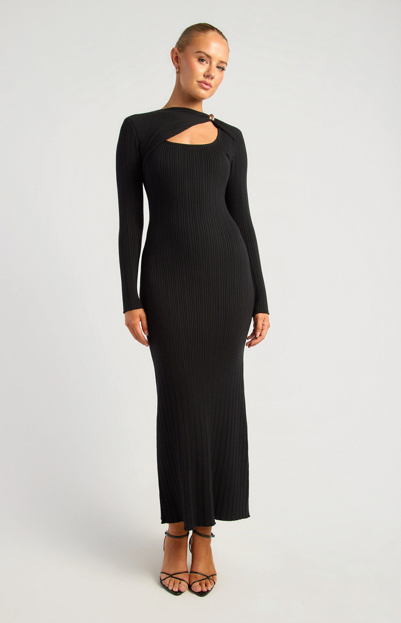 Cut Out Neckline With Gold Ring Detail Knit Dress (SKN966)