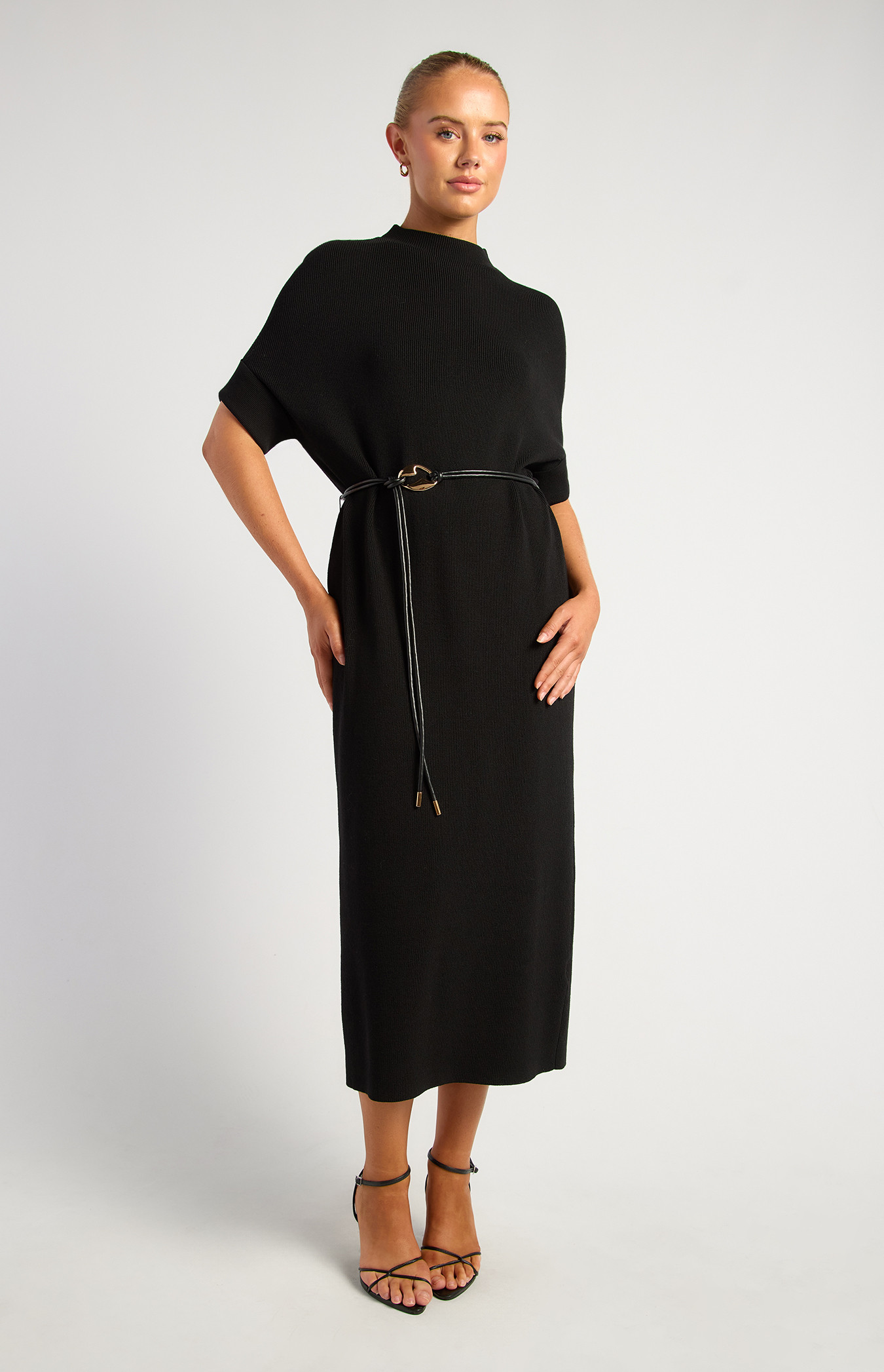 Relax Fit Knit Dress With Faux Leather Rope Belt Accessory (SKN968)