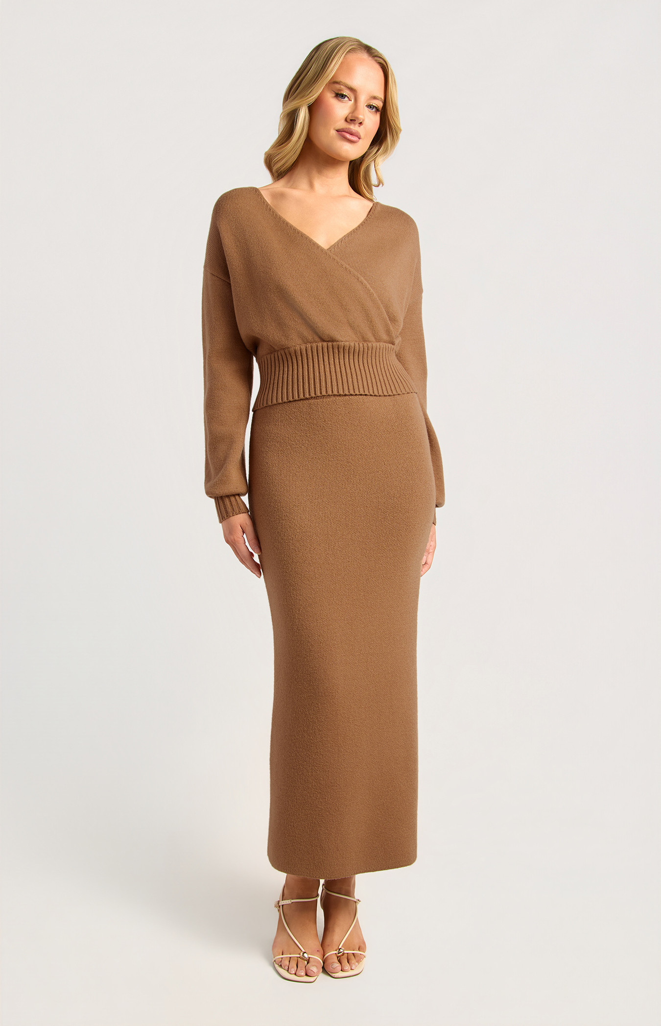 Cross Front Detail Cinched Waist Knit Top And Skirt Set (SKN990)