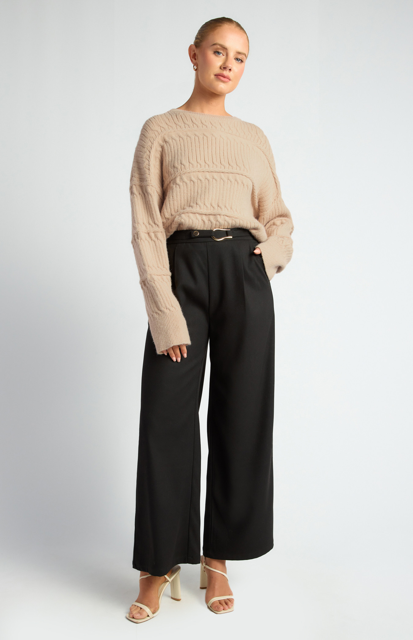 Faux Wool Wide Leg Pants With Gold Buckle Detail (SPA508A)
