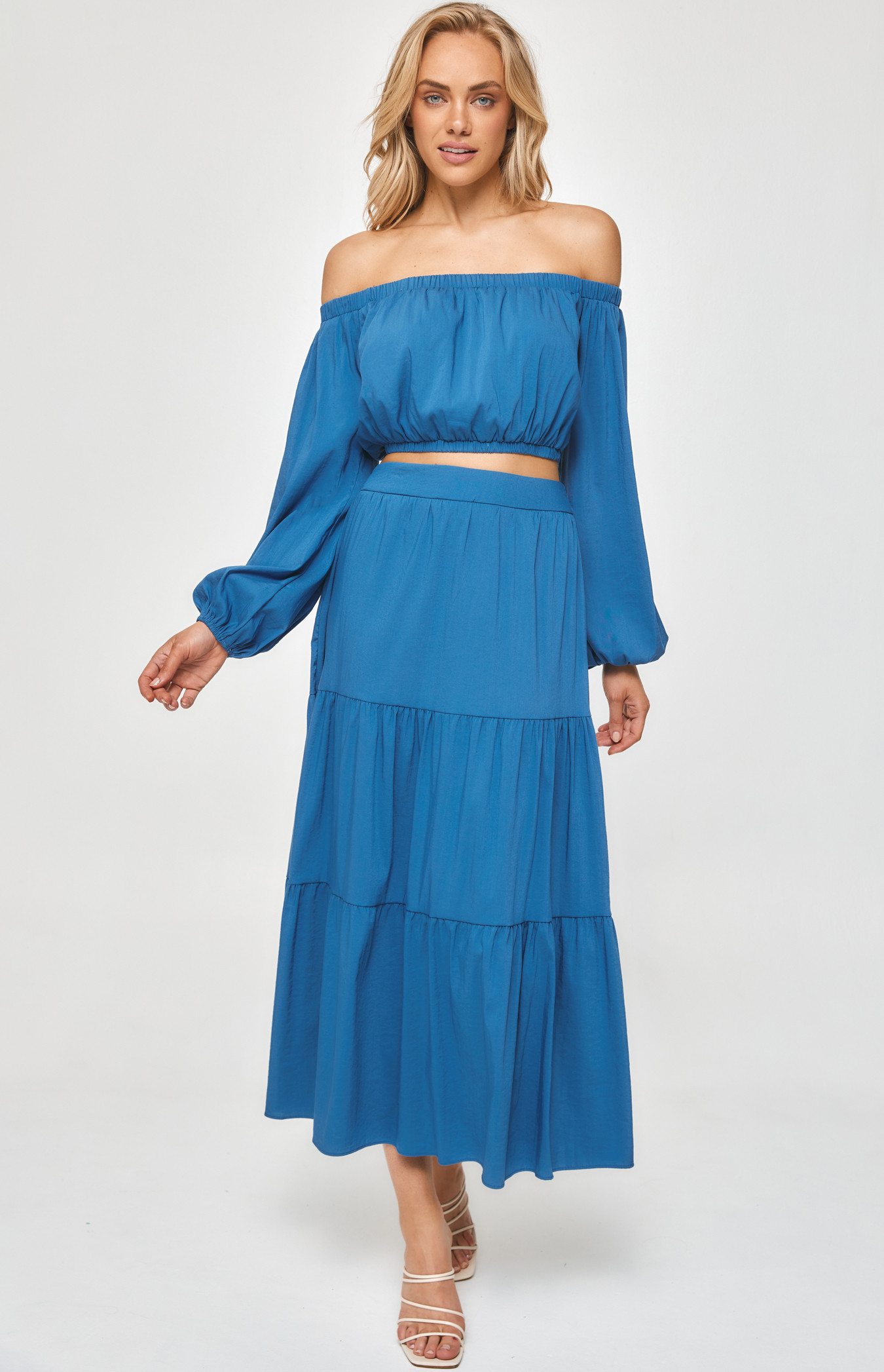 Set with Off the Shoulder Top and Tiered Maxi Skirt (SSE412A) 