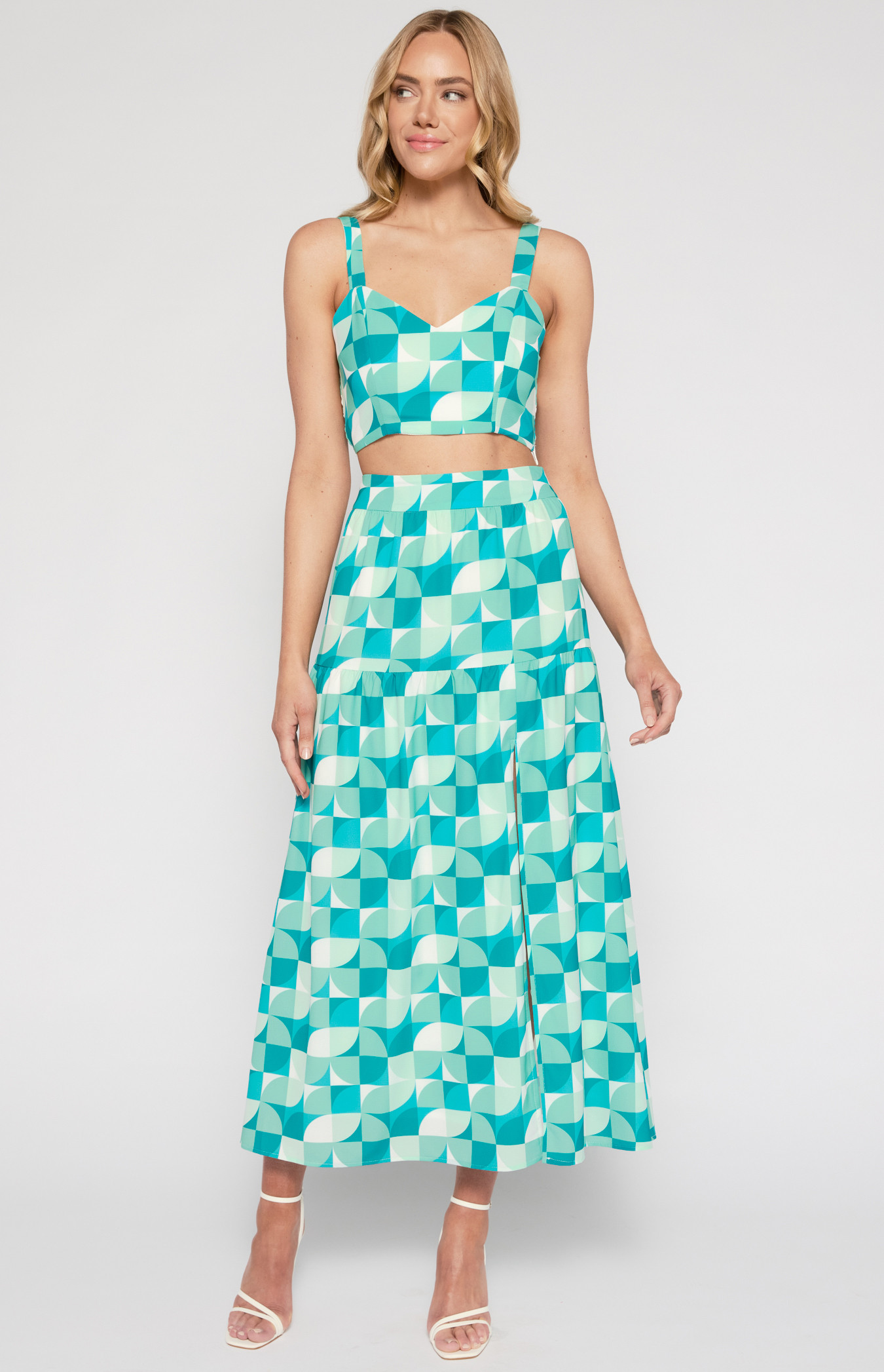 Geometric Printed Set Feature Top and Maxi Skirt (SSE437A)