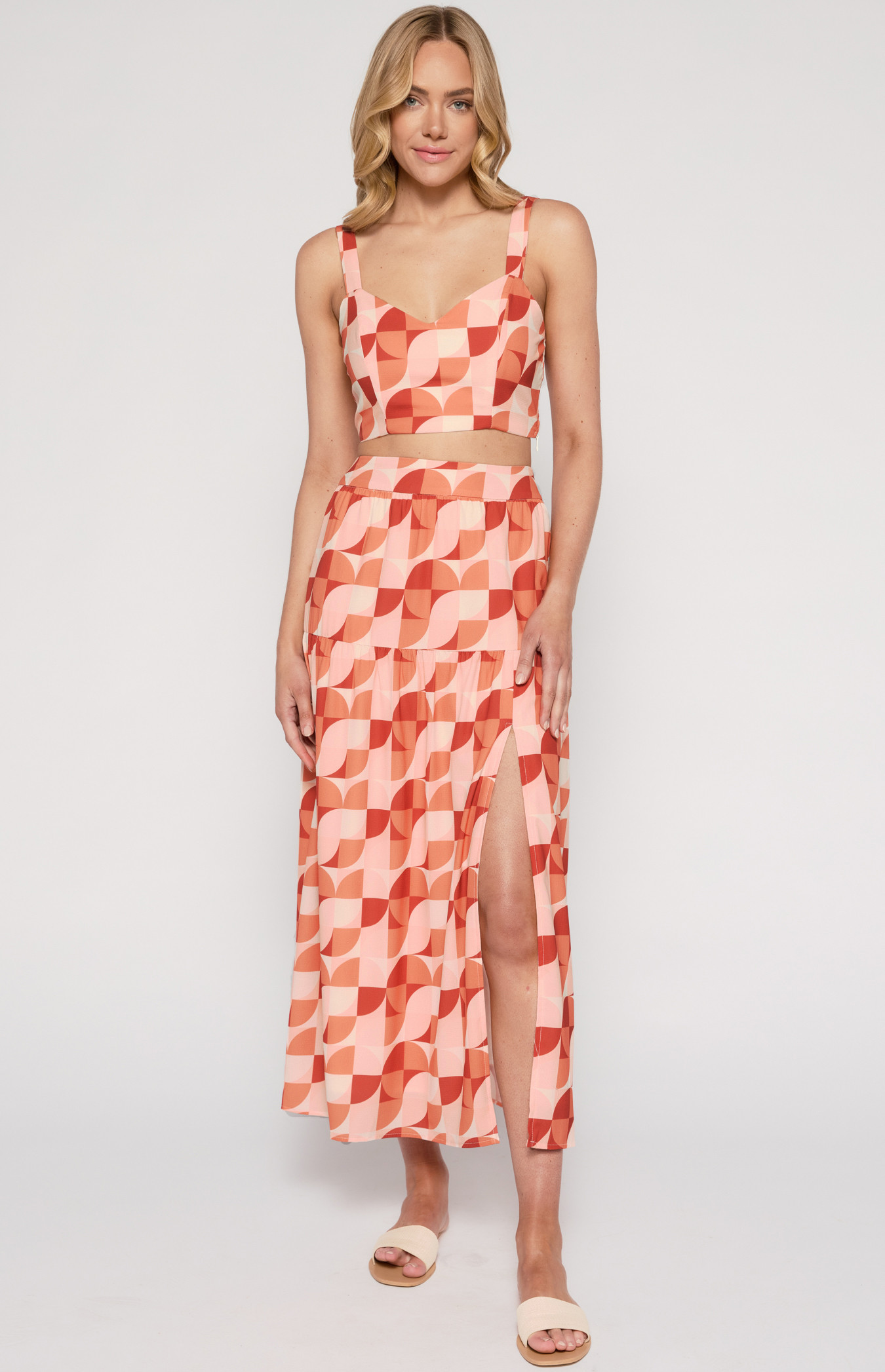 Geometric Printed Set Feature Top and Maxi Skirt (SSE437A)