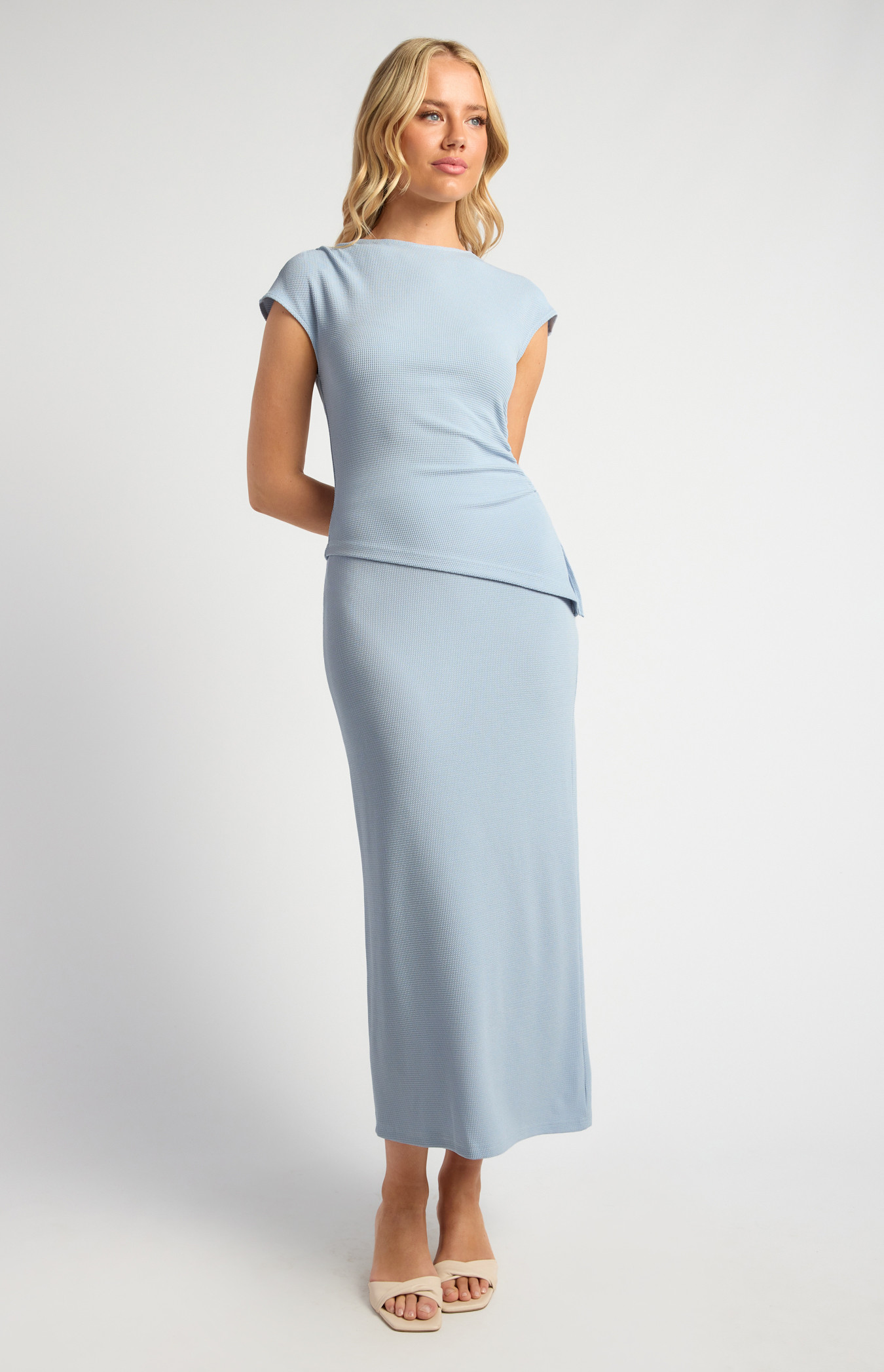 Textured Jersey Cap Sleeves Top And Skirt Set (SSE512A) | Style State
