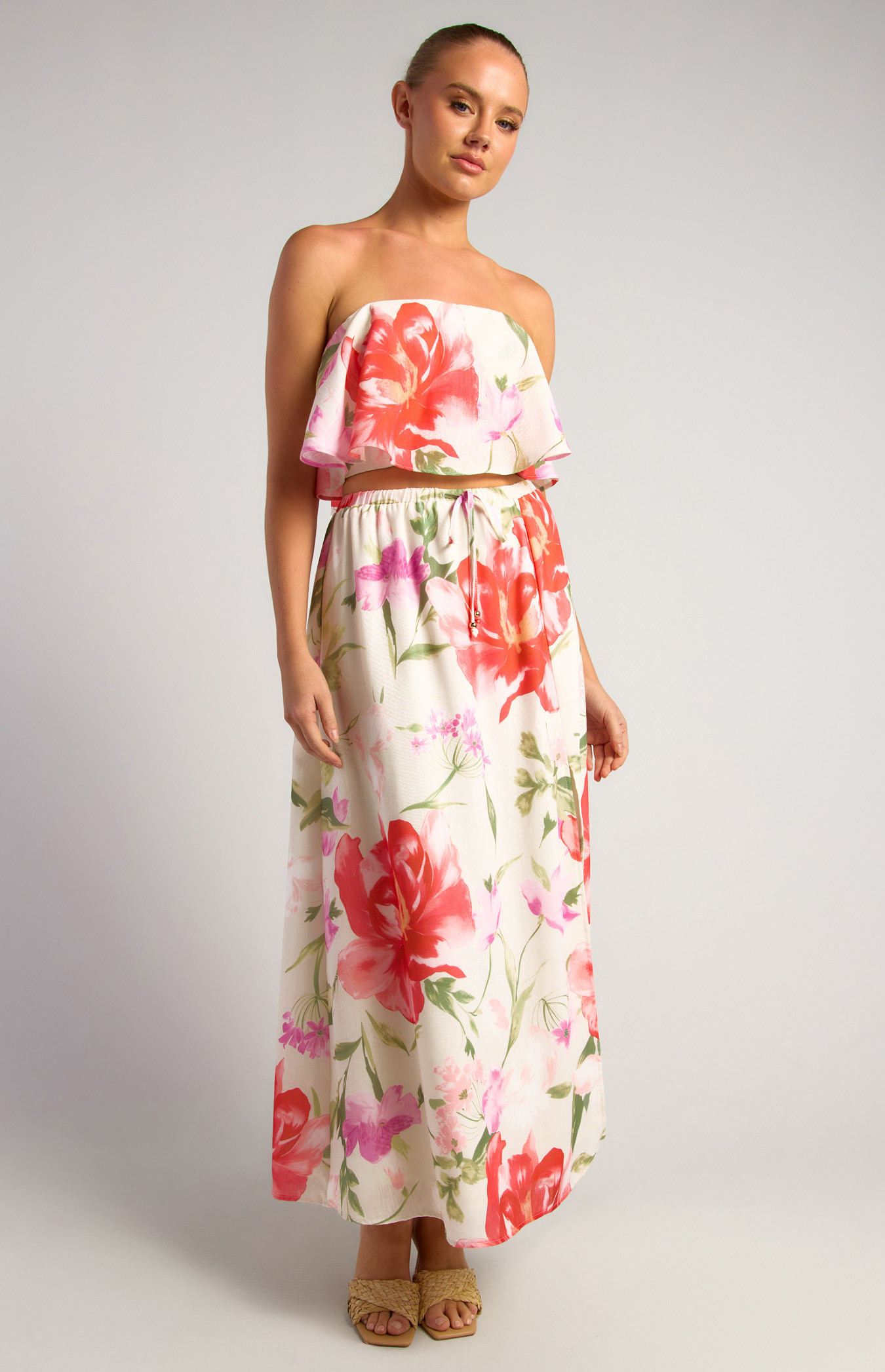 Faux Linen Floral Print Strapless Top and Maxi Skirt Set (SSE563A)