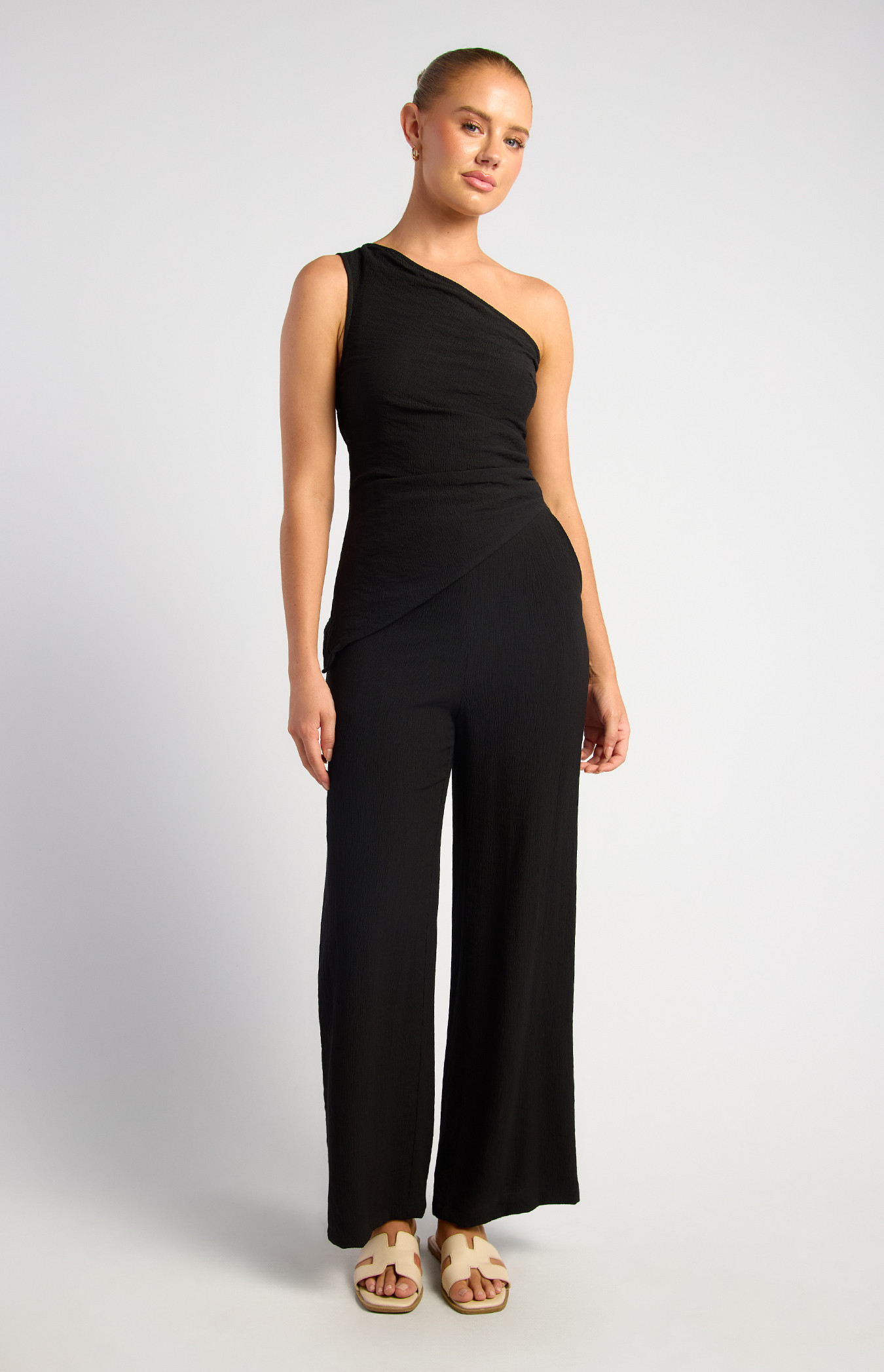 One Shoulder Ruched Detail Textured Top And Pants Set (SSE565A)