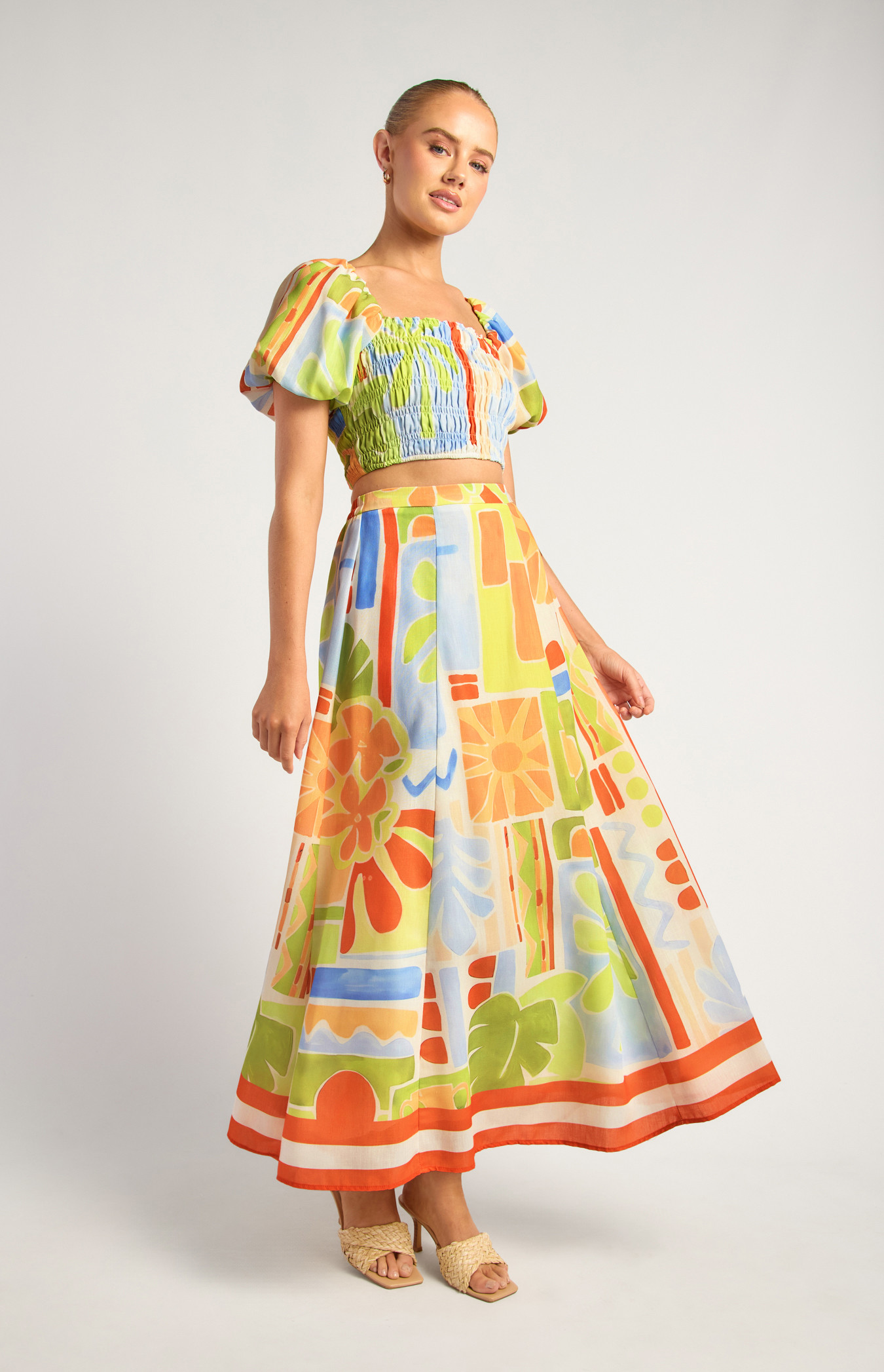 Tropical Placement Print Shirred Top And Skirt Set (SSE570A)