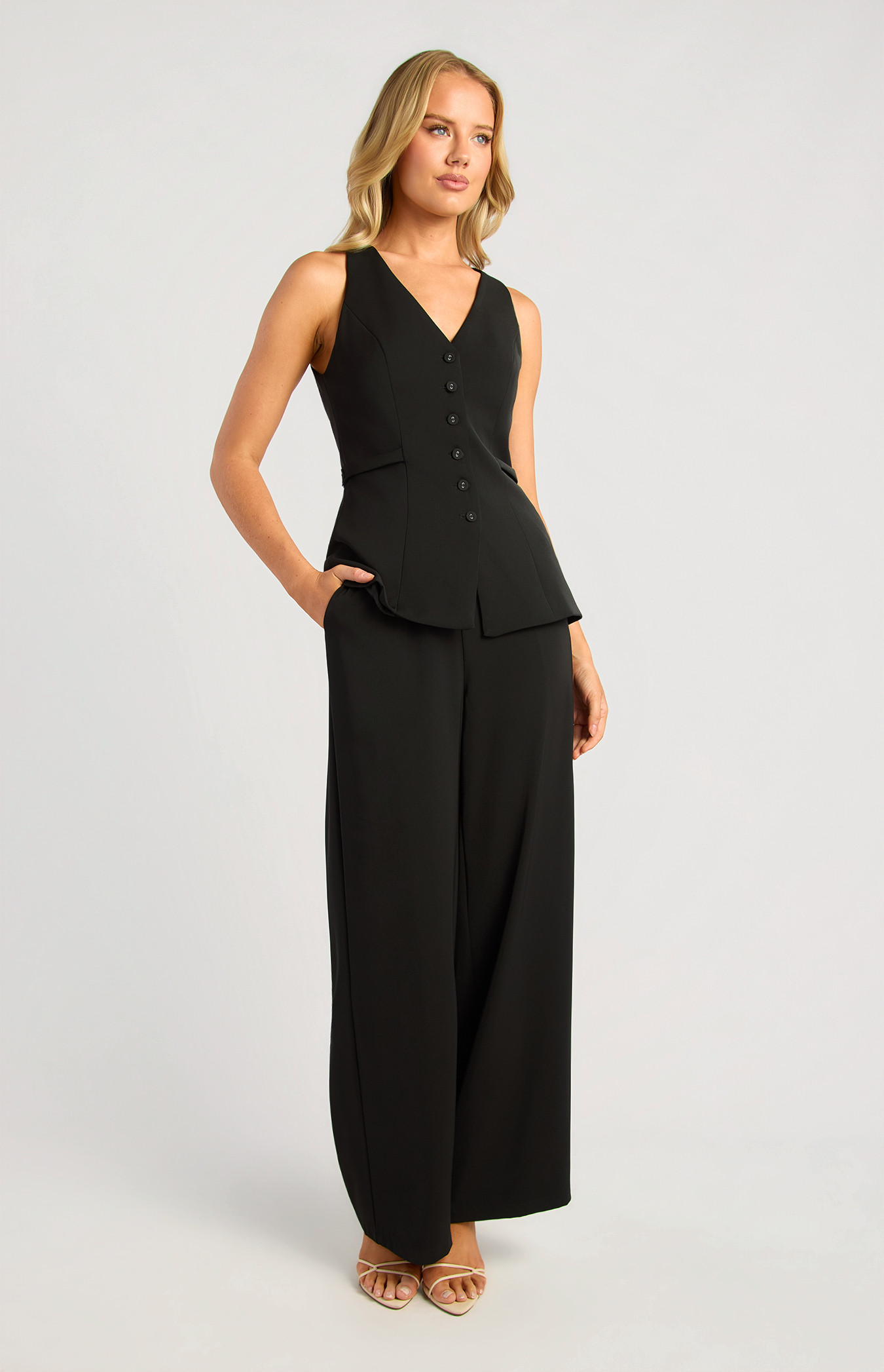 Button Up Detail Sleeveless Vest Top And Pant Set (SSE578A)