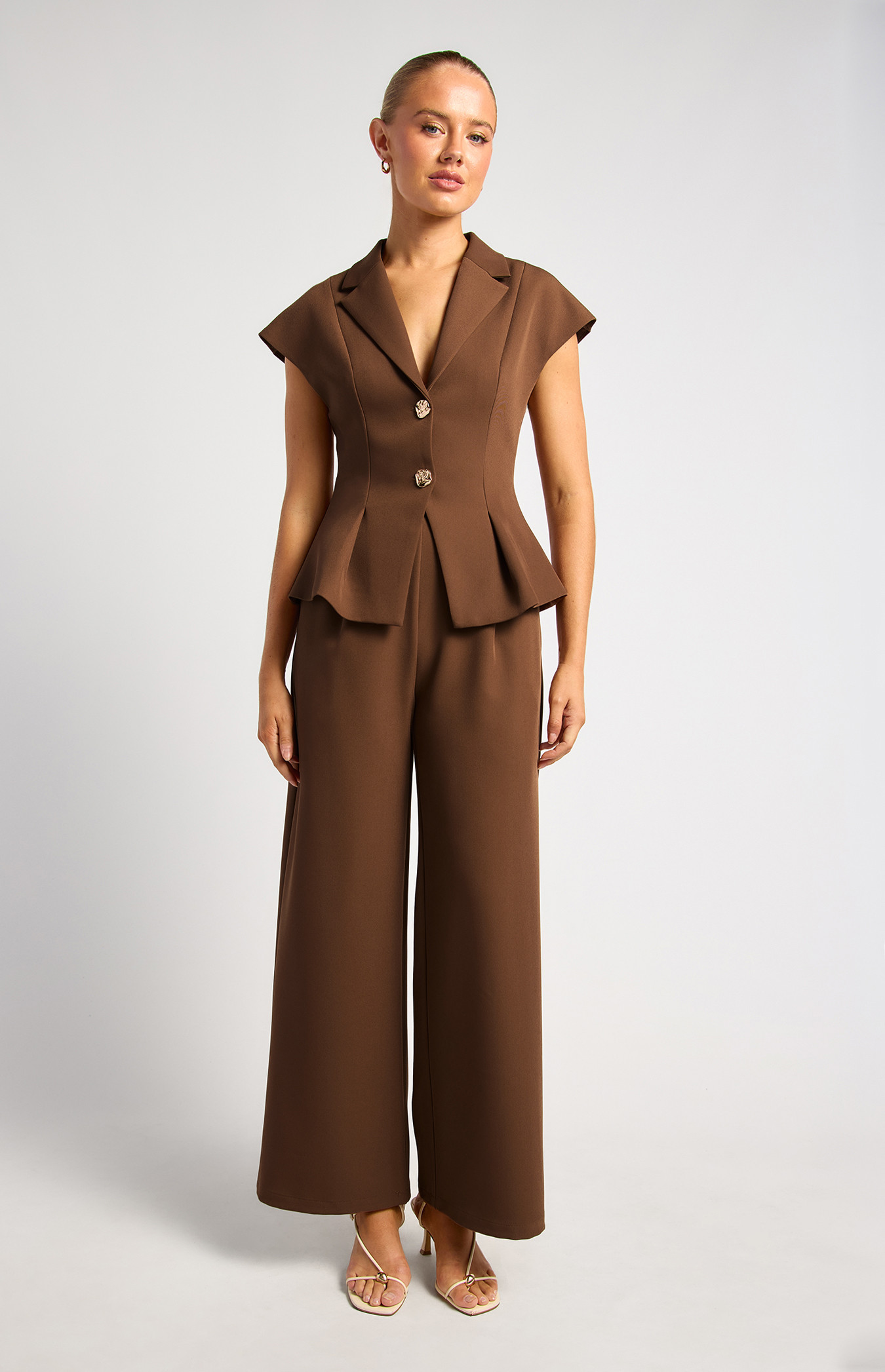 Pleated Cinch Waist Set With Gold Button Top And Pants (SSE580A)