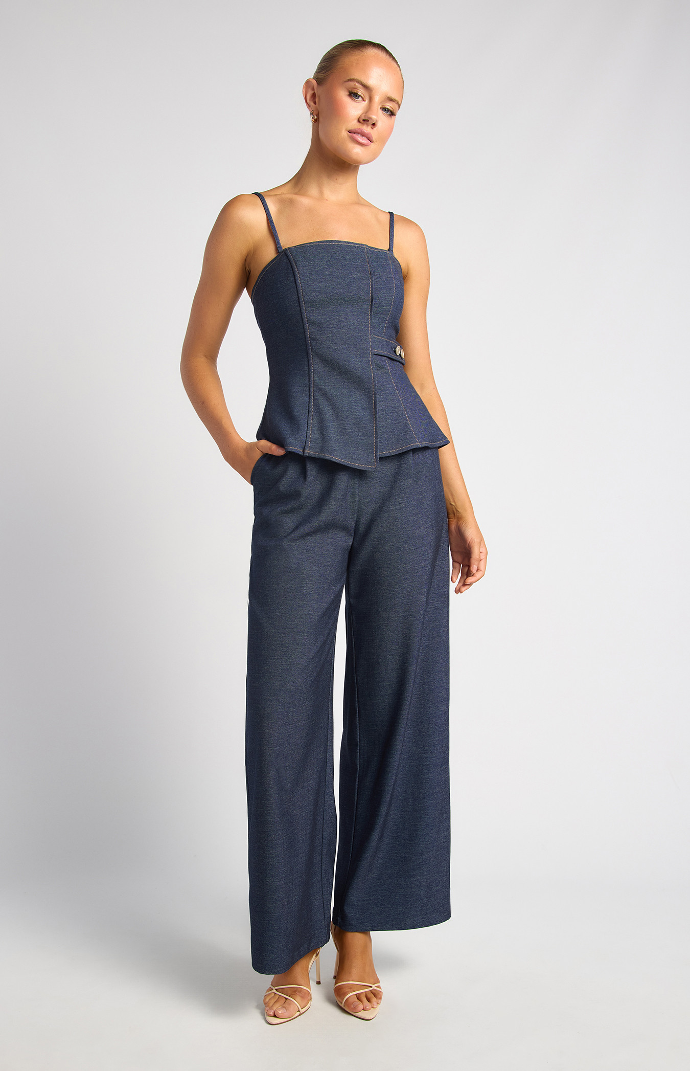 Chambray Set With Button Tab Detail Strapless Top And Pants (SSE585A)