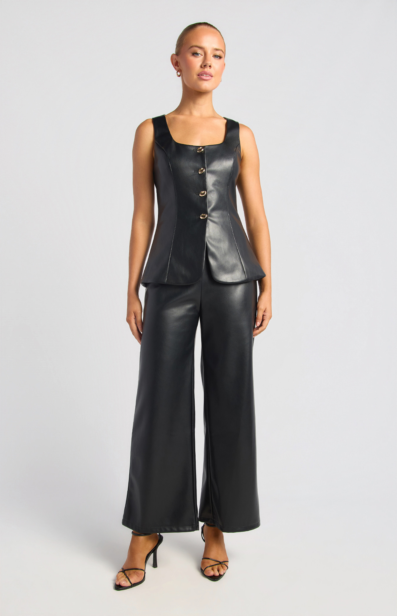 Gold Textured Button Faux Leather Vest And Pants Set (SSE591A)