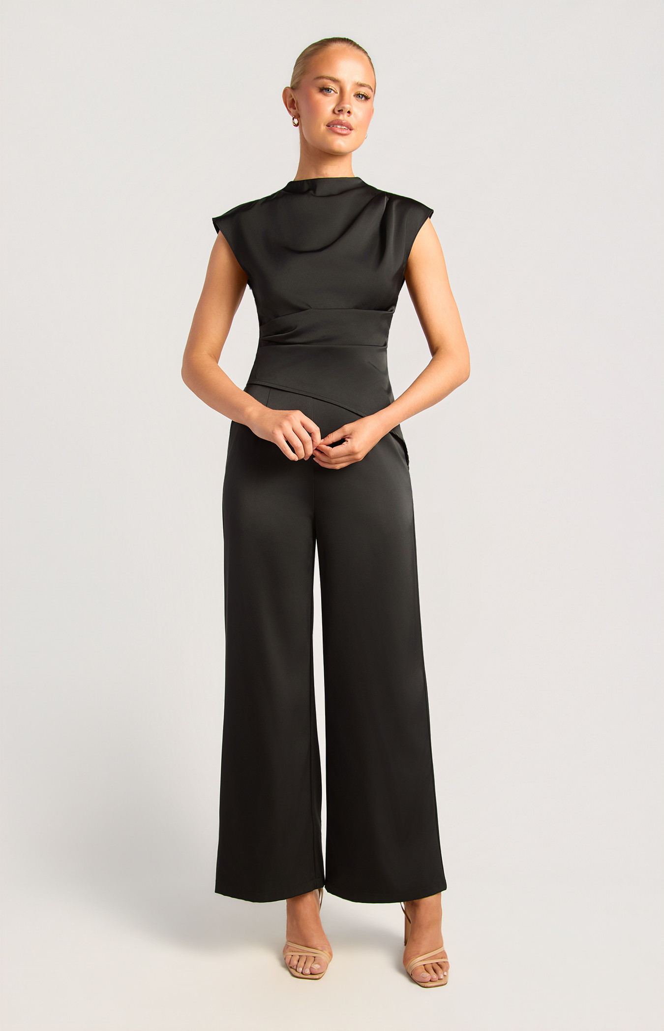 High Neck Pleat Detail Satin Top And Pants Set (SSE598A)