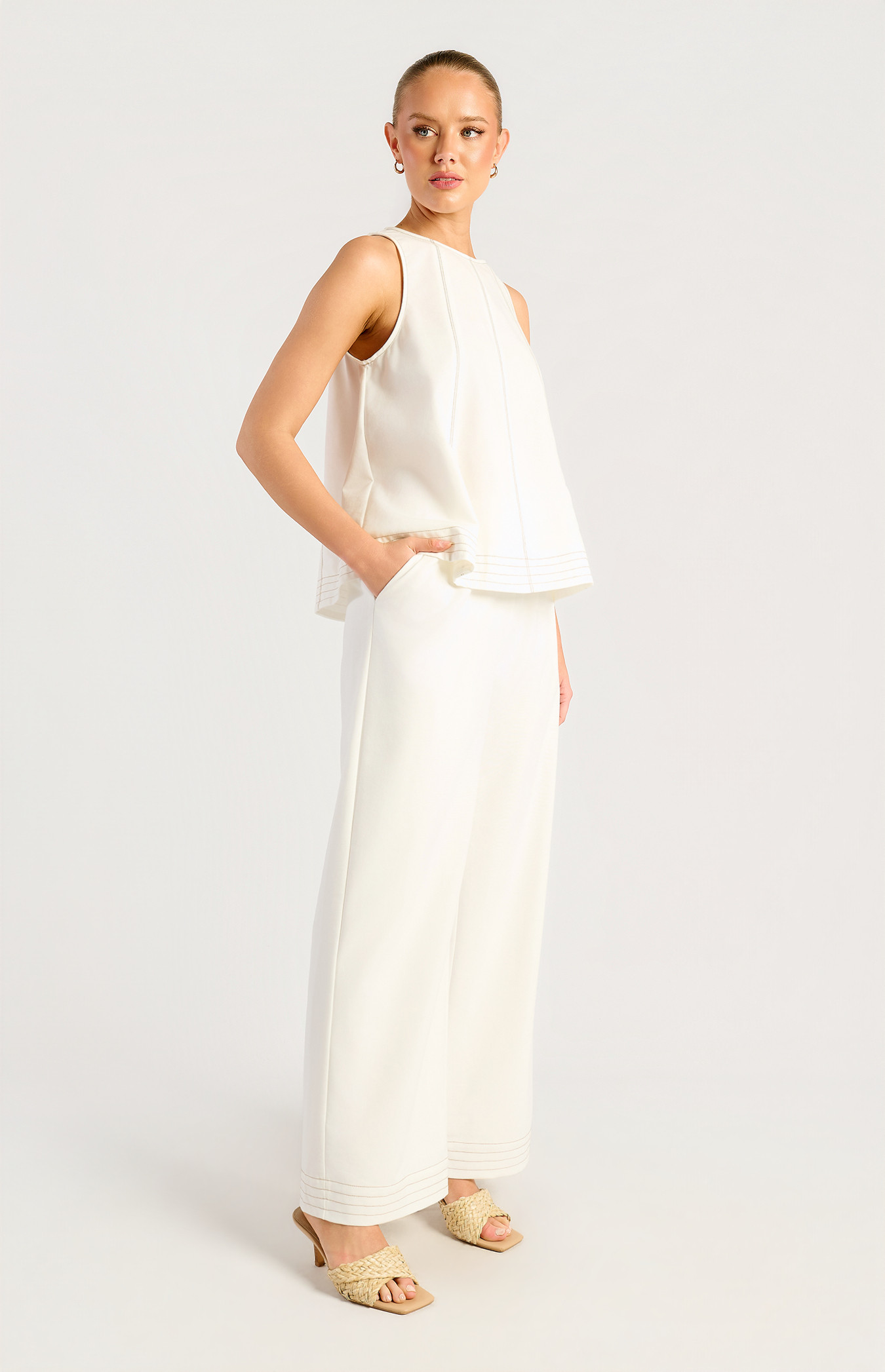 Cotton Linen Panel Stitching Detail Top And Pants Set (SSE617A)