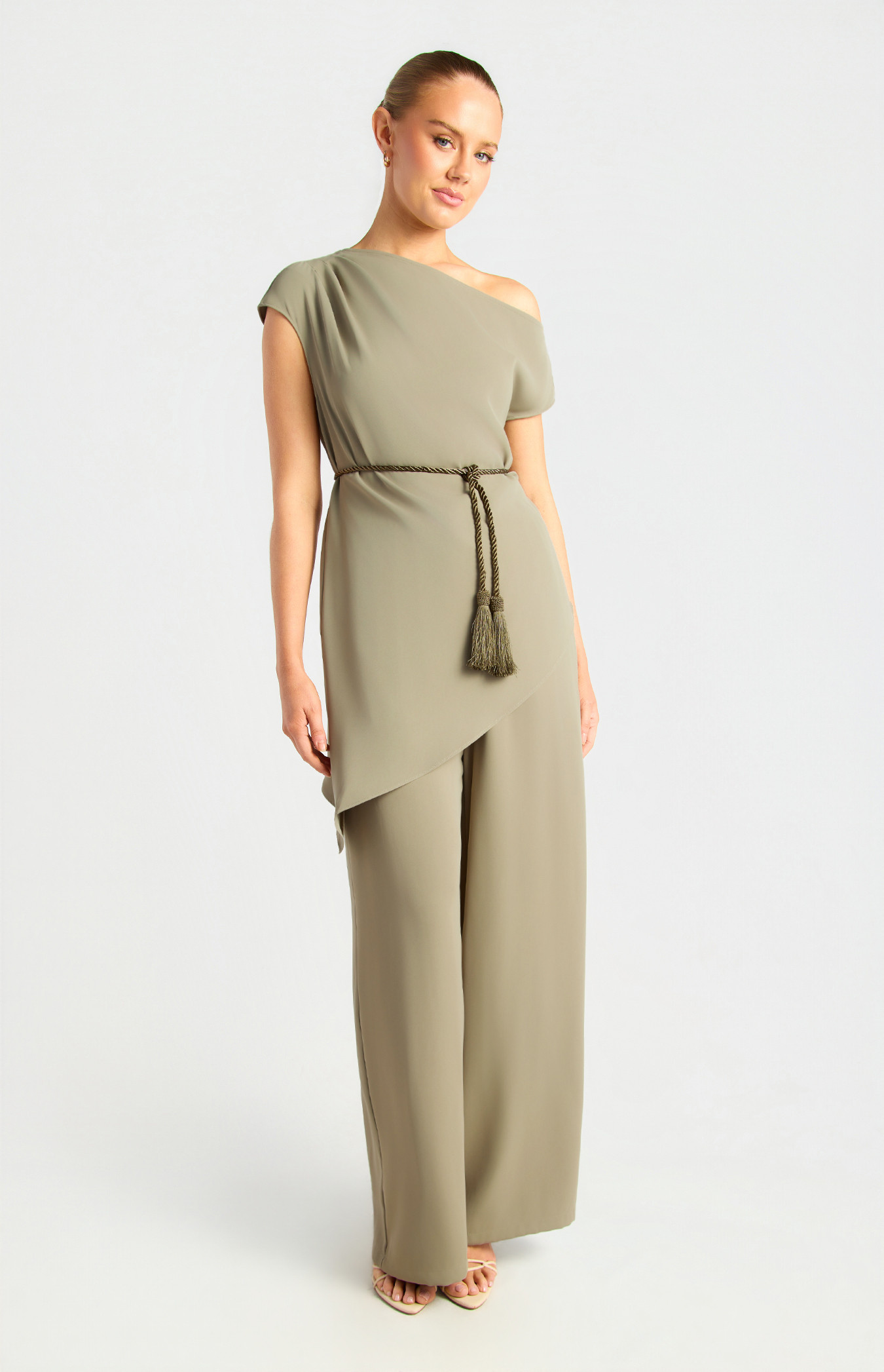 Asymmetric Neckline Top And Pants Set With Tassel Belt Detail (SSE620B)