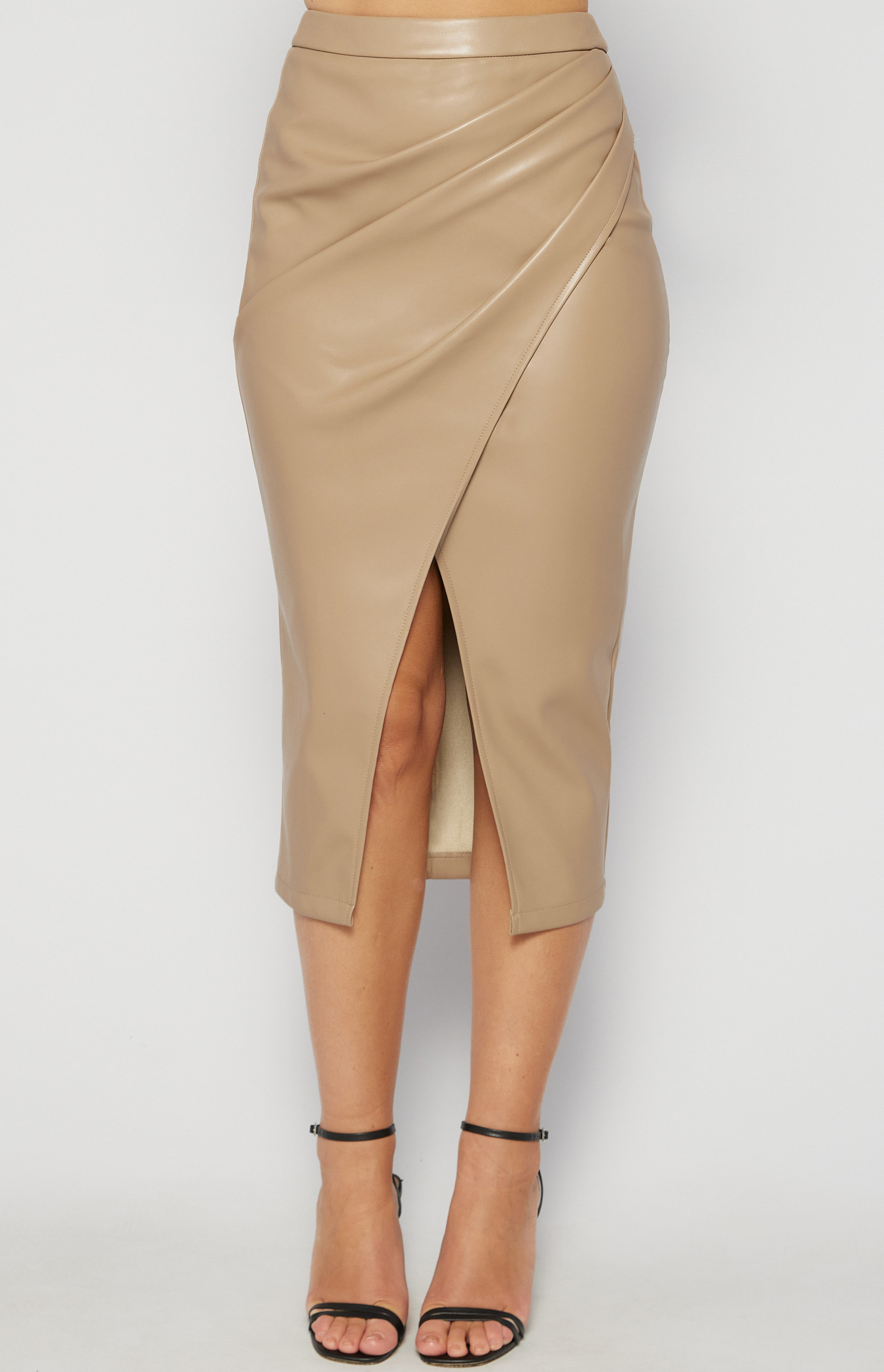 Faux Leather Midi Skirt with Side Pleated Details (SSK356B)