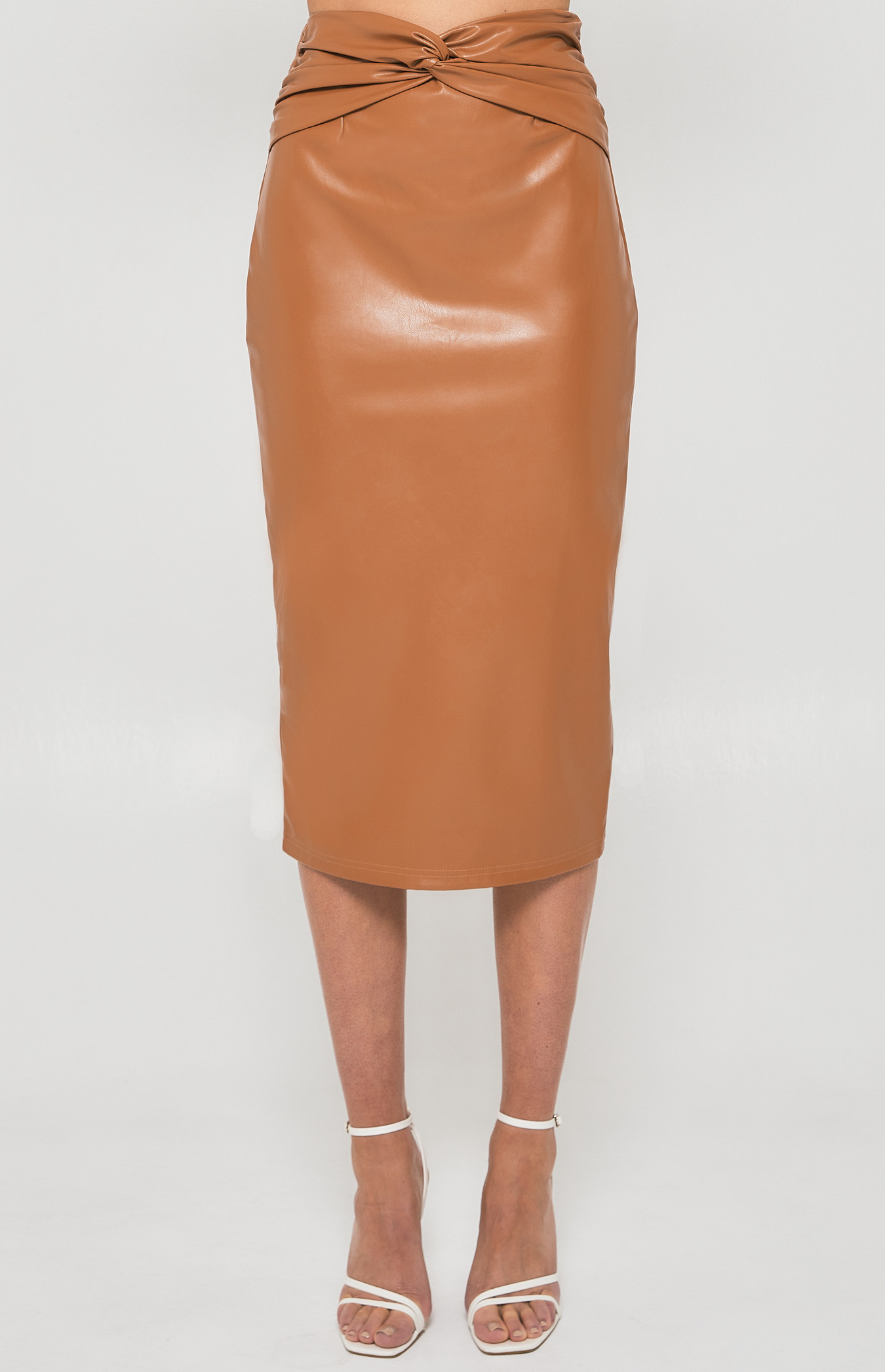Faux Leather Midi Skirt with Knot Front Detail (SSK362B)