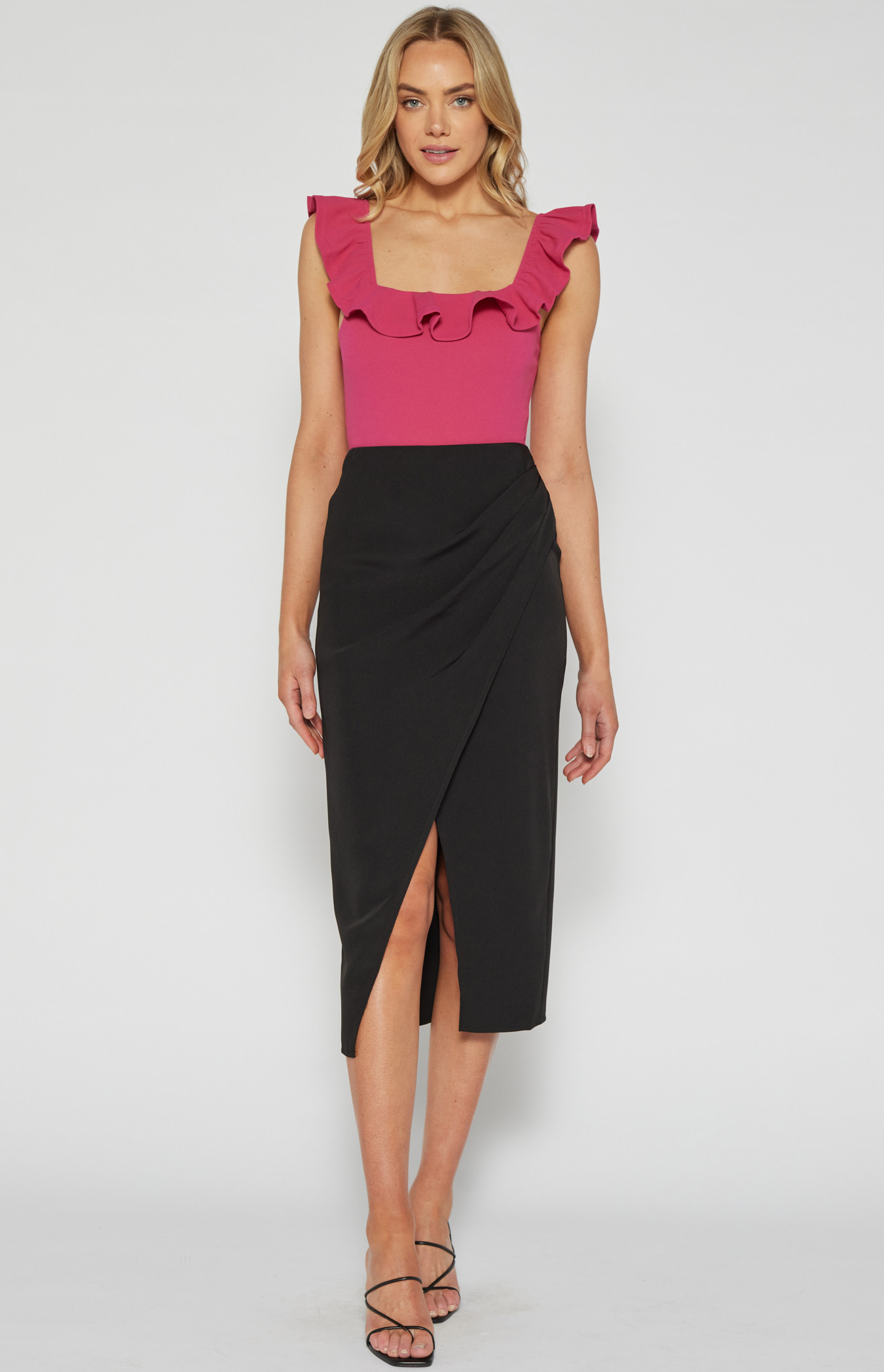 Stretch Fabric Side Pleated Detail Midi Skirt (SSK369A)