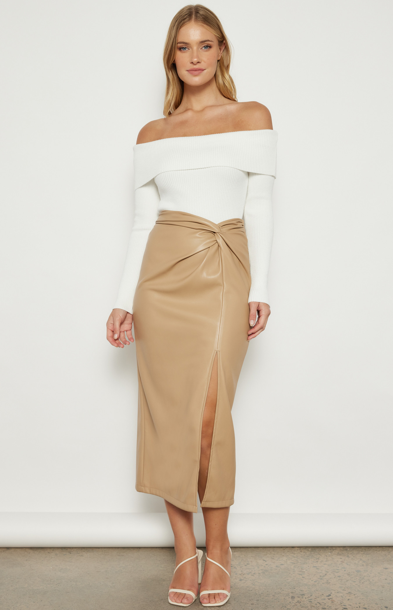 Faux Leather Midi Skirt with Front Knot and Split Detail (SSK374B)