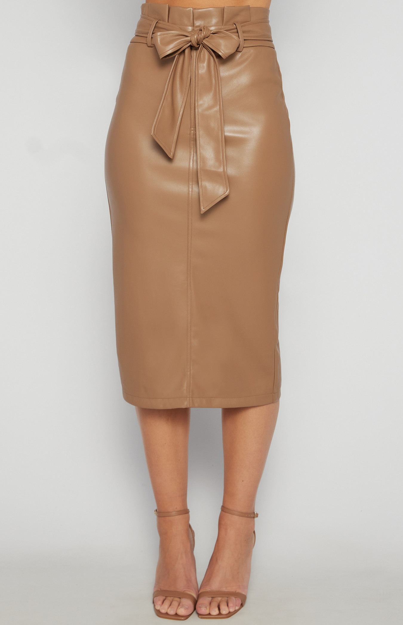 Paperbag Waist Faux Leather Midi Skirt (SSK376B)