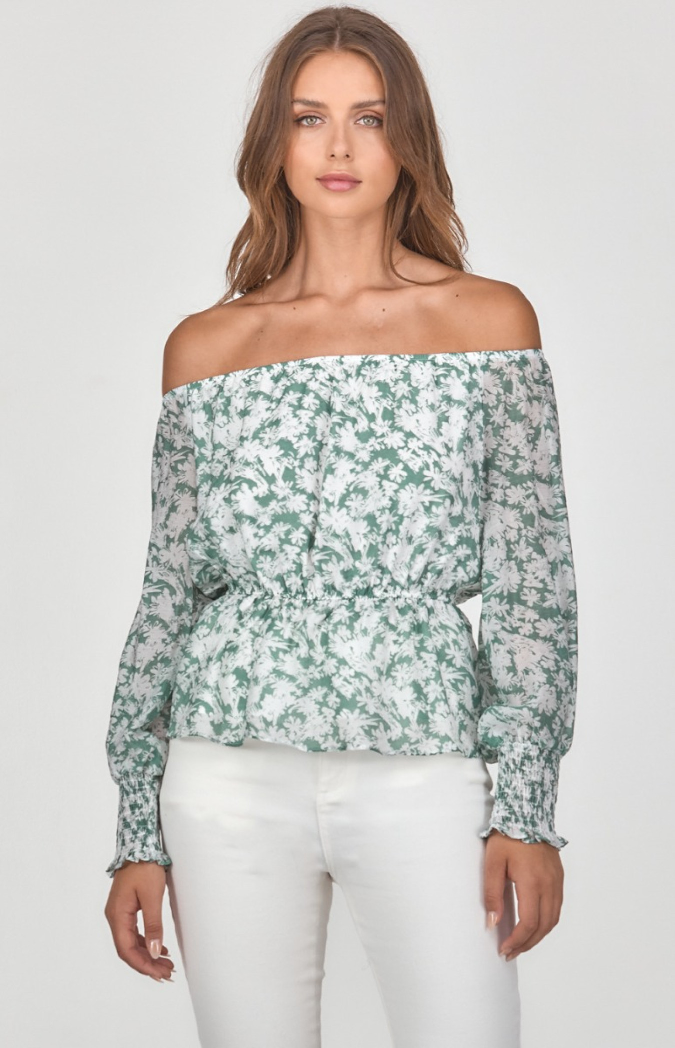 Off the Shoulder Floral Chiffon Top with Elastic Waist (STO420-3A)
