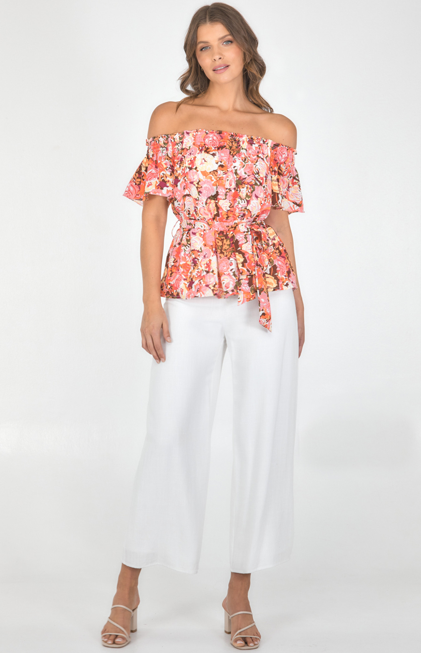 Floral Print Off the Shoulder Top with Belt (STO582B)