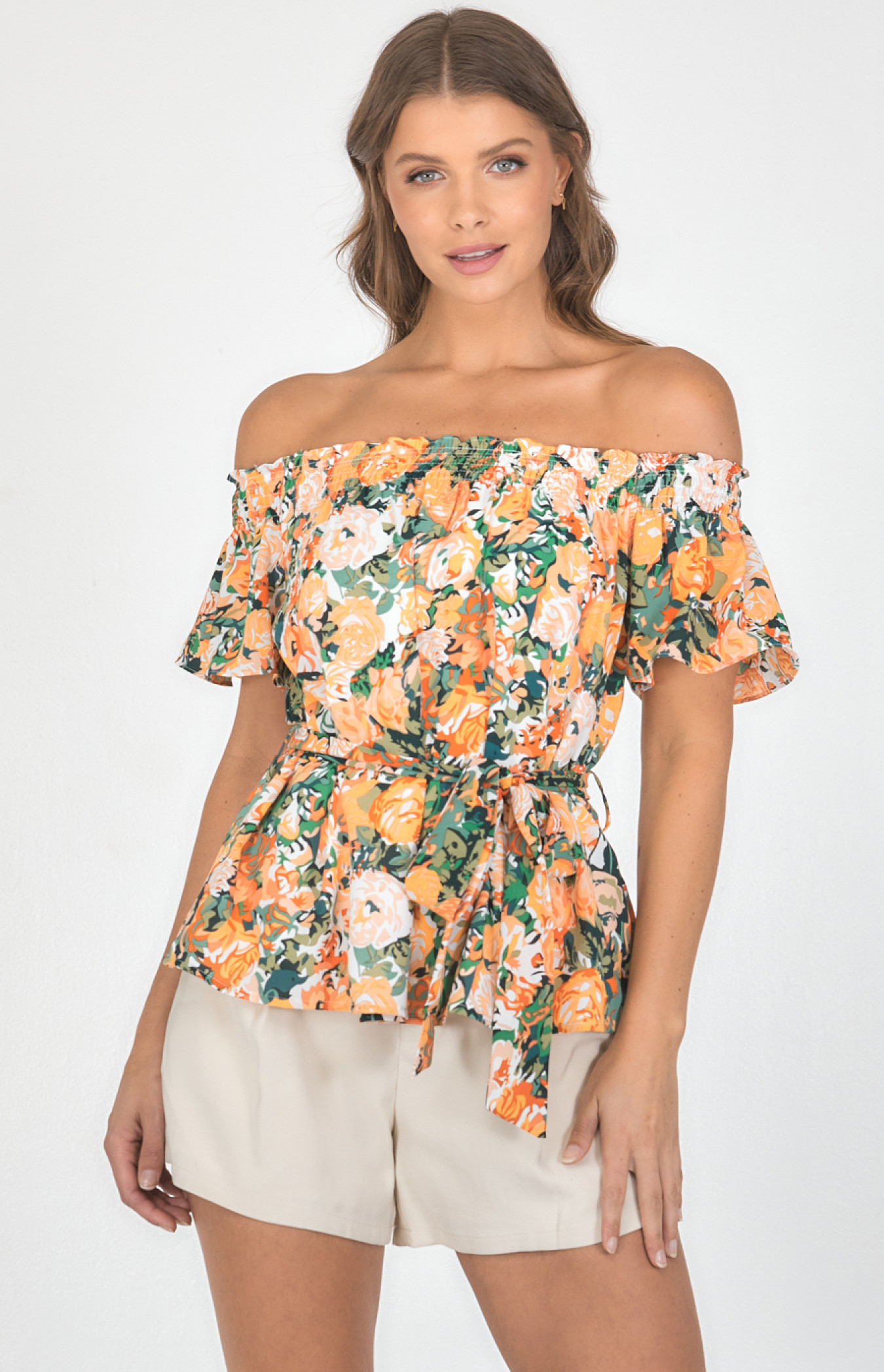 Floral Print Off the Shoulder Top with Belt (STO582B)