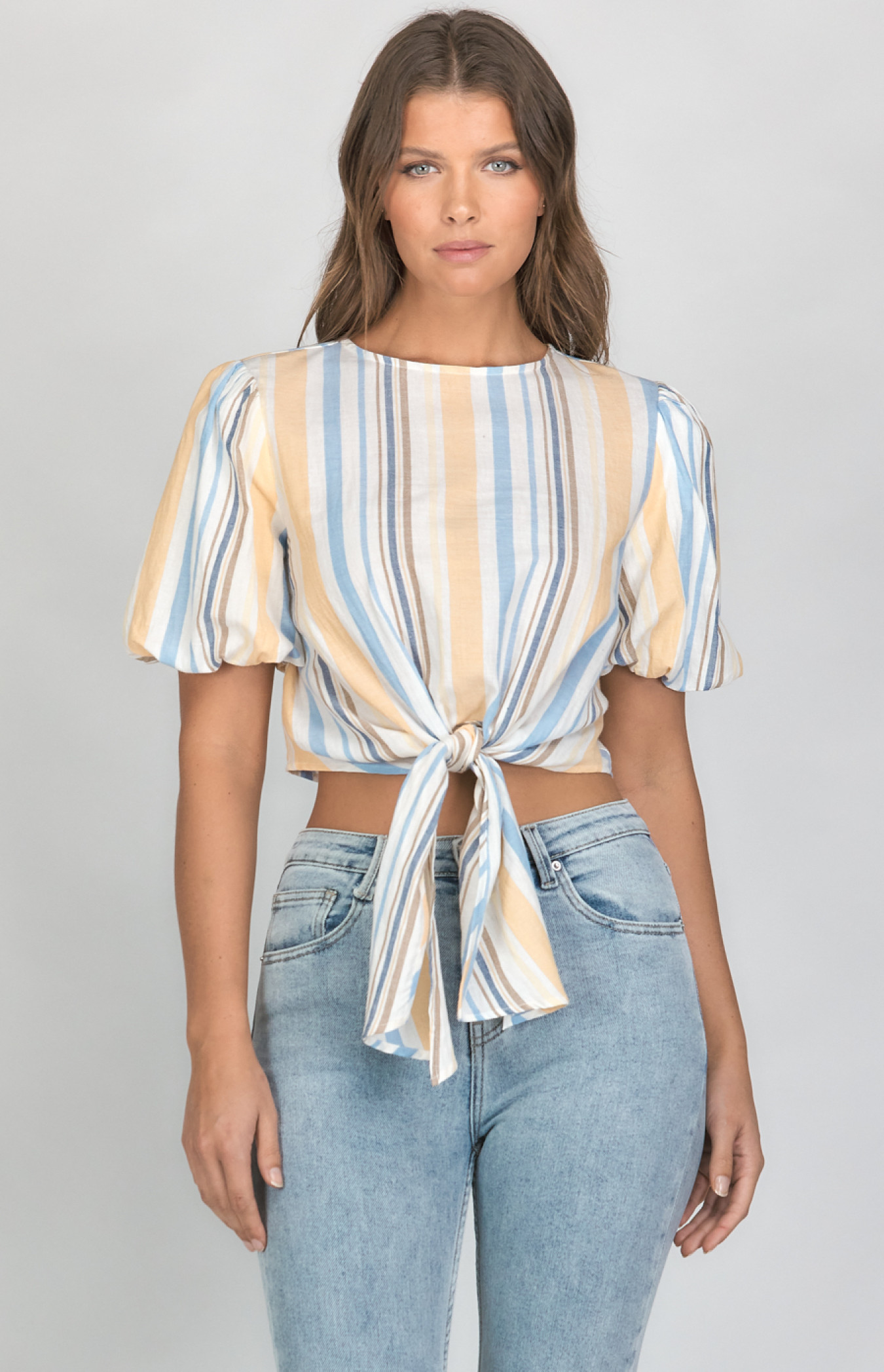 Striped Tie Front Top with Puff Sleeves (STO594B)