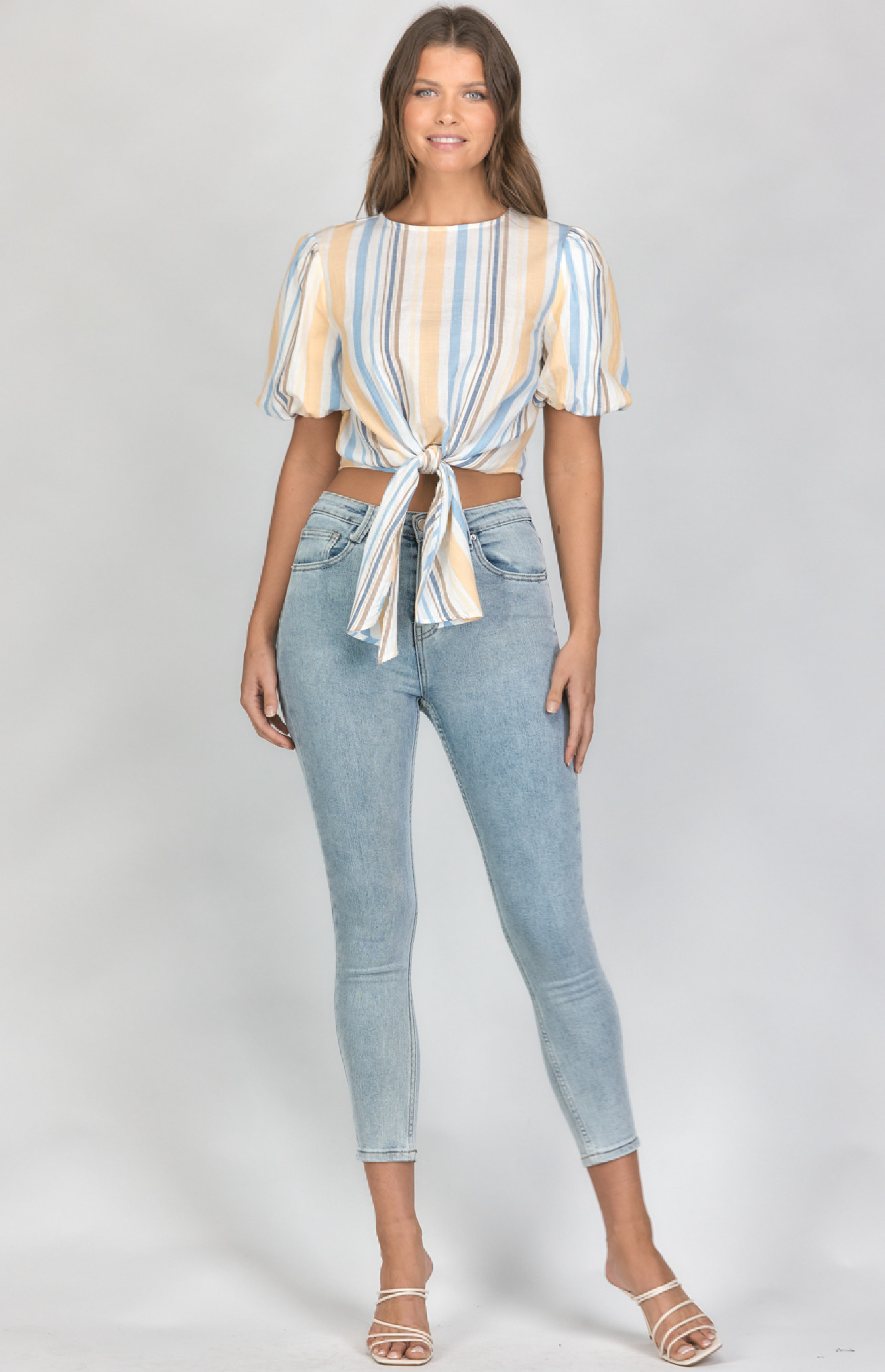 Striped Tie Front Top with Puff Sleeves (STO594B)
