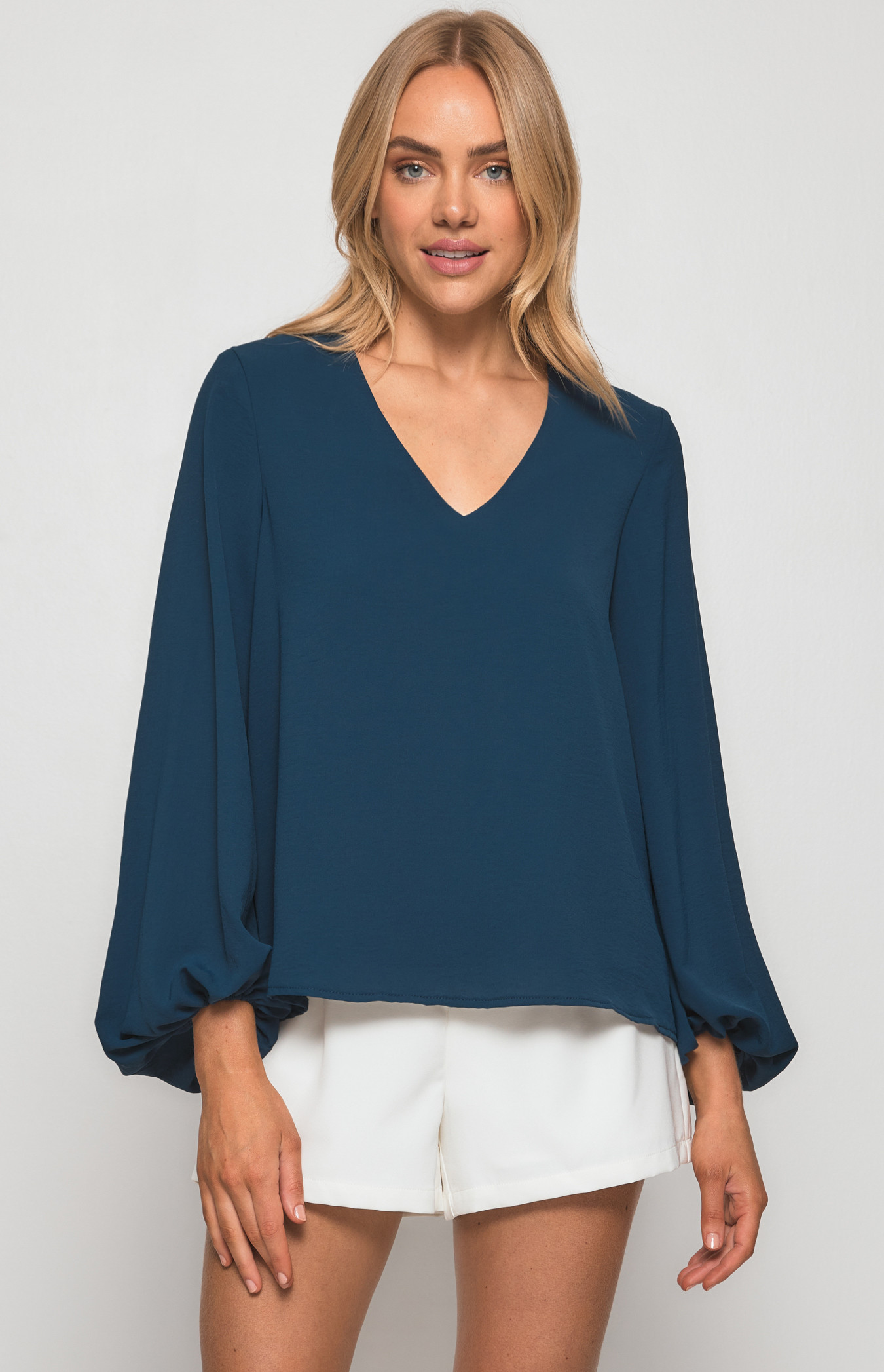 V Neck Loose Fitting Top with Bubble Sleeves (STO595A)