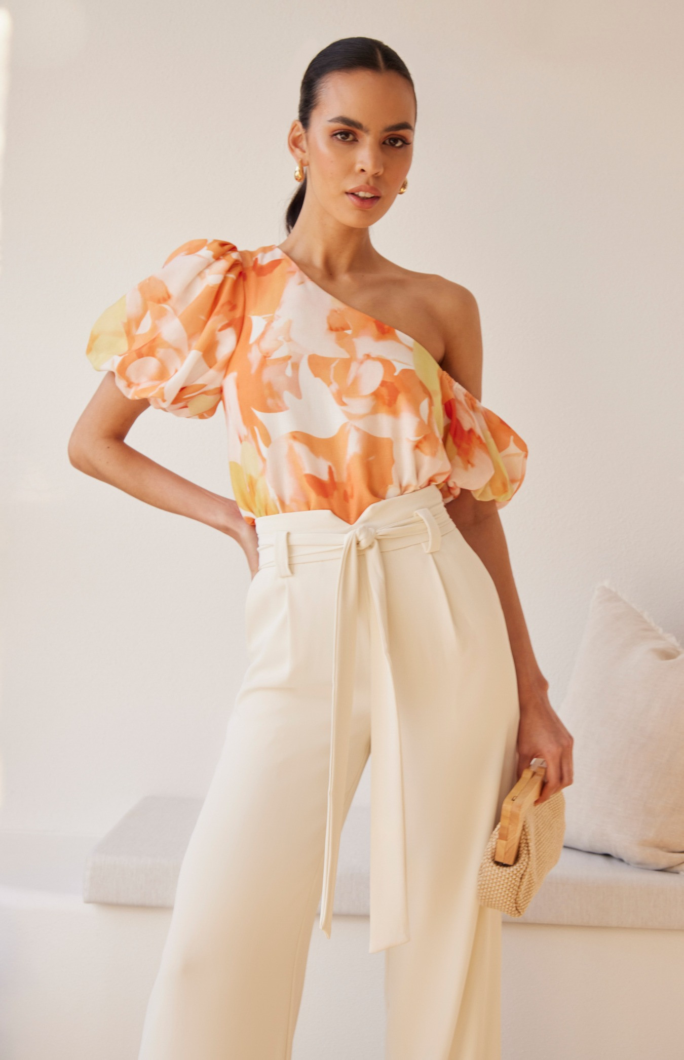 Abstract Printed Silky Asymmetric Knit Top 666