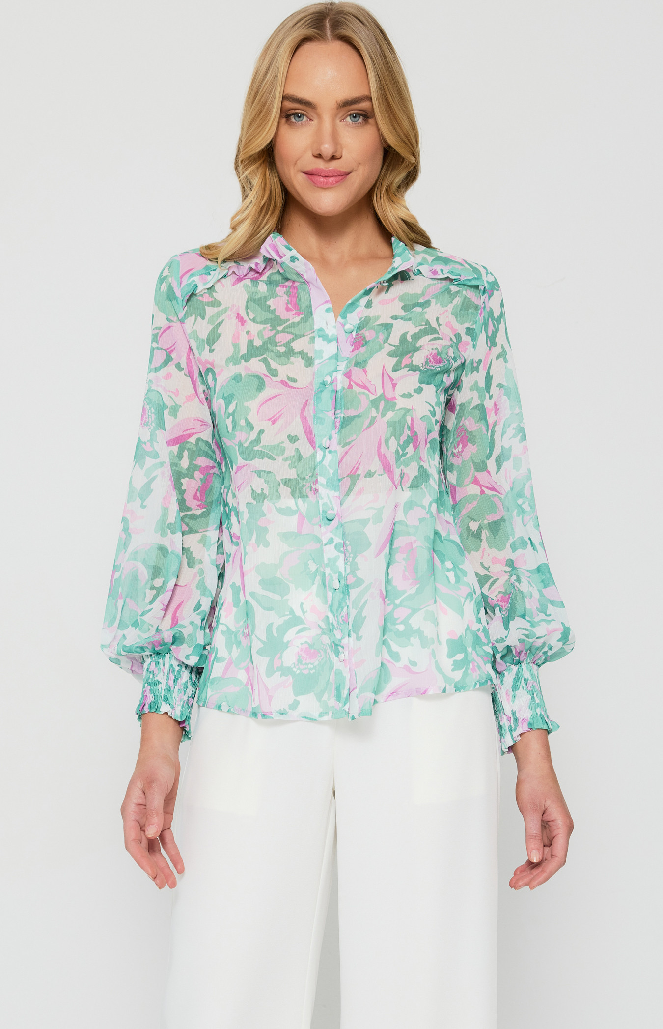 Floral Printed Sheer Chiffon Shirt with Ruffle Details (STO654B)