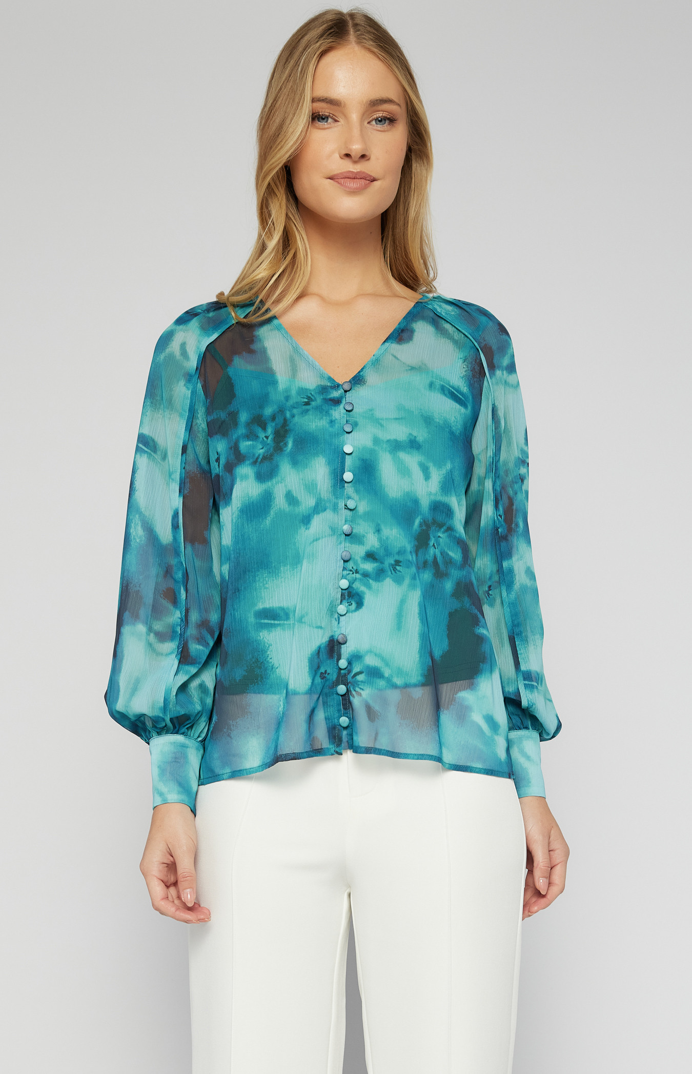 Blurred Floral Print Blouse with Slip Lining (STO718B)