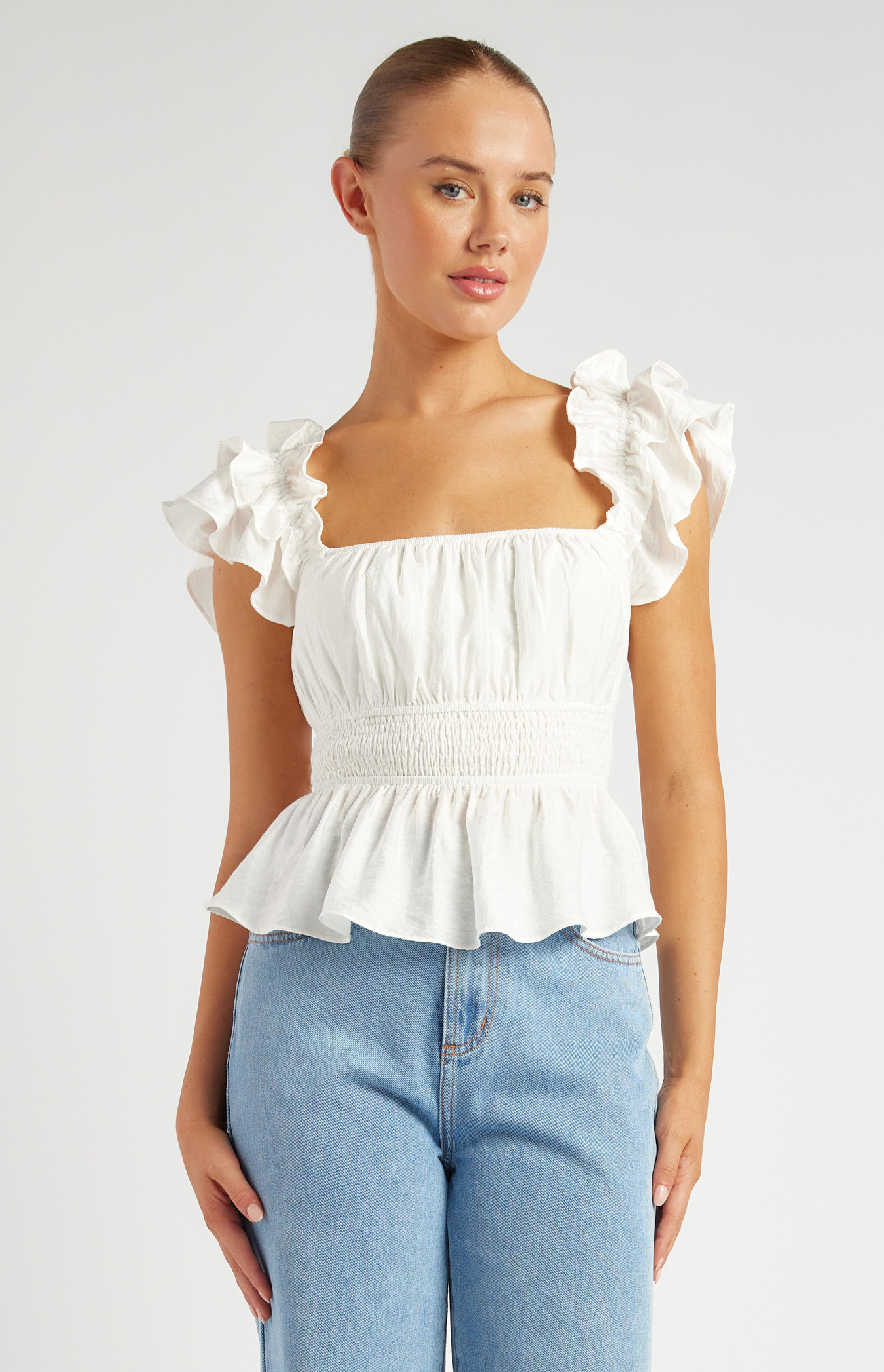 Layered Ruffle Sleeve Textured Top with Shirred Waist (STO765A)