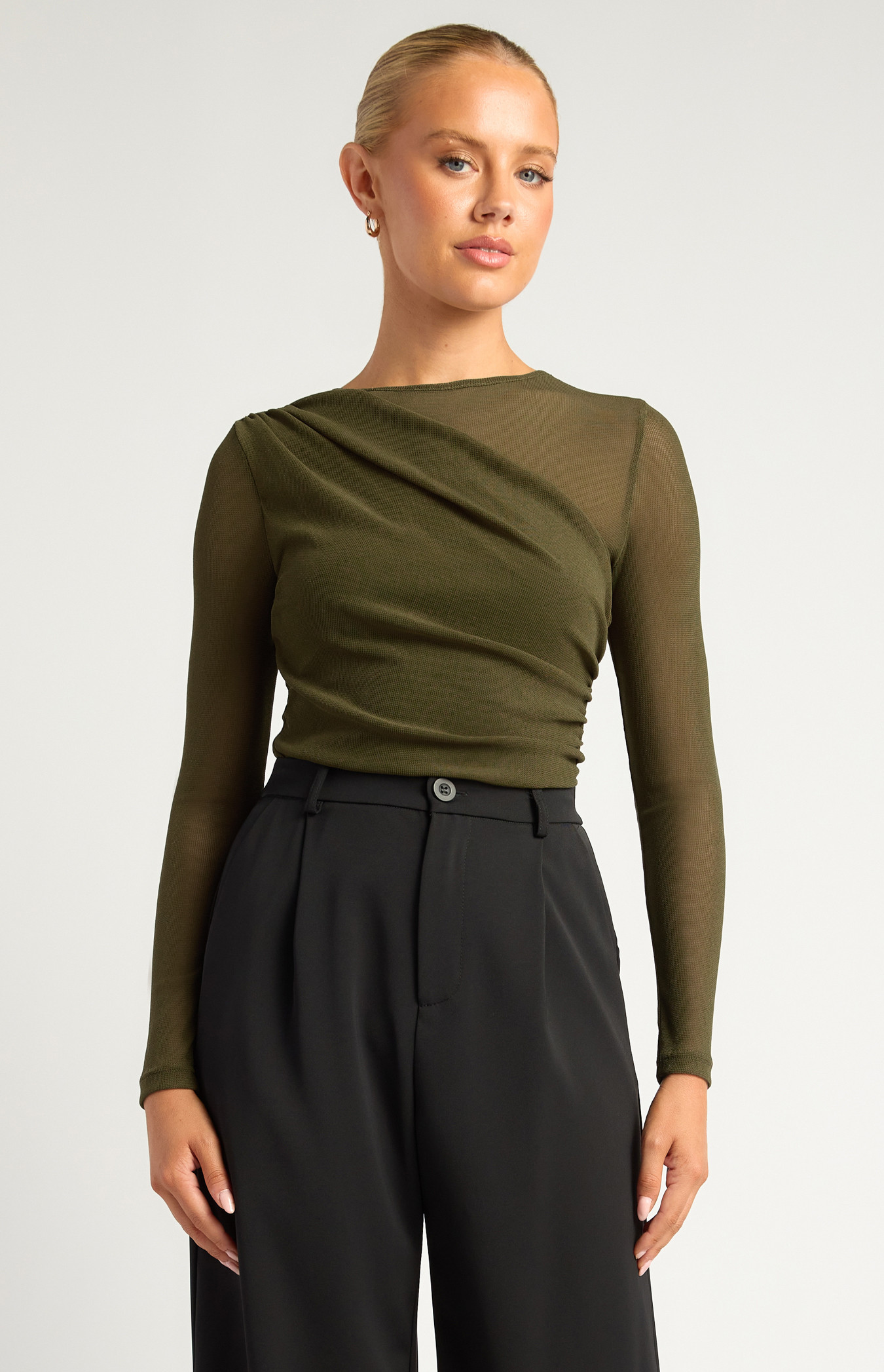 ASYMMETRIC NECKLINE JERSEY RUCHE DETAIL TOP