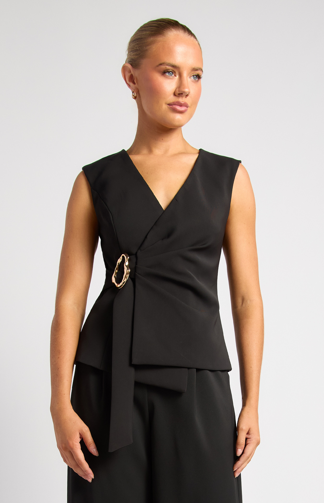 Asymmetric Hem Vest With Front Buckle And Pleat Detail (STO807A)