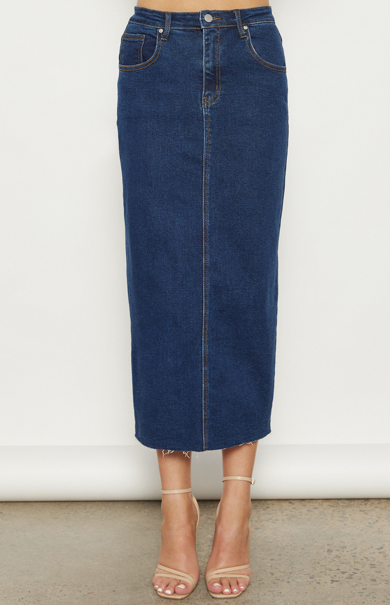 Edie Raw Hem Slit Denim Midi Skirt main image 0
