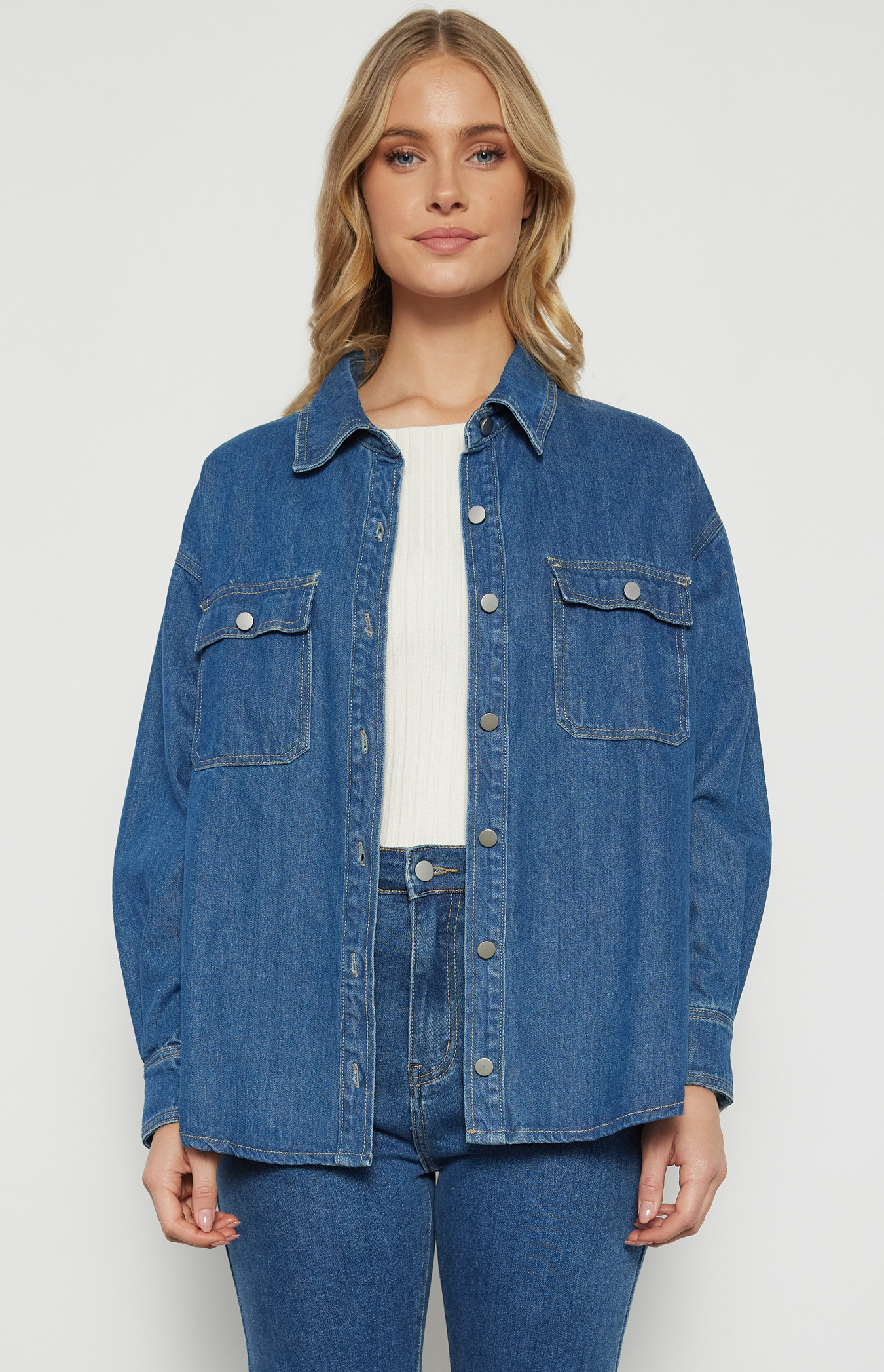 Button Up Denim Shacket with Front Pockets (WDM614A)