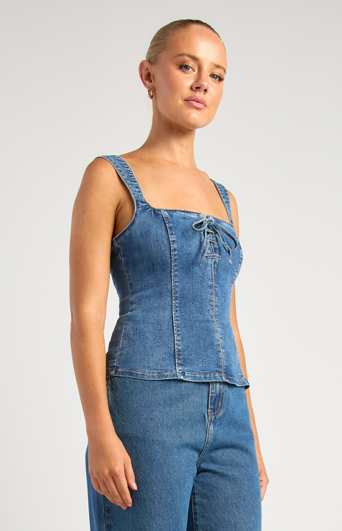 Front Tie Panel Detail Denim Top (WDM655)