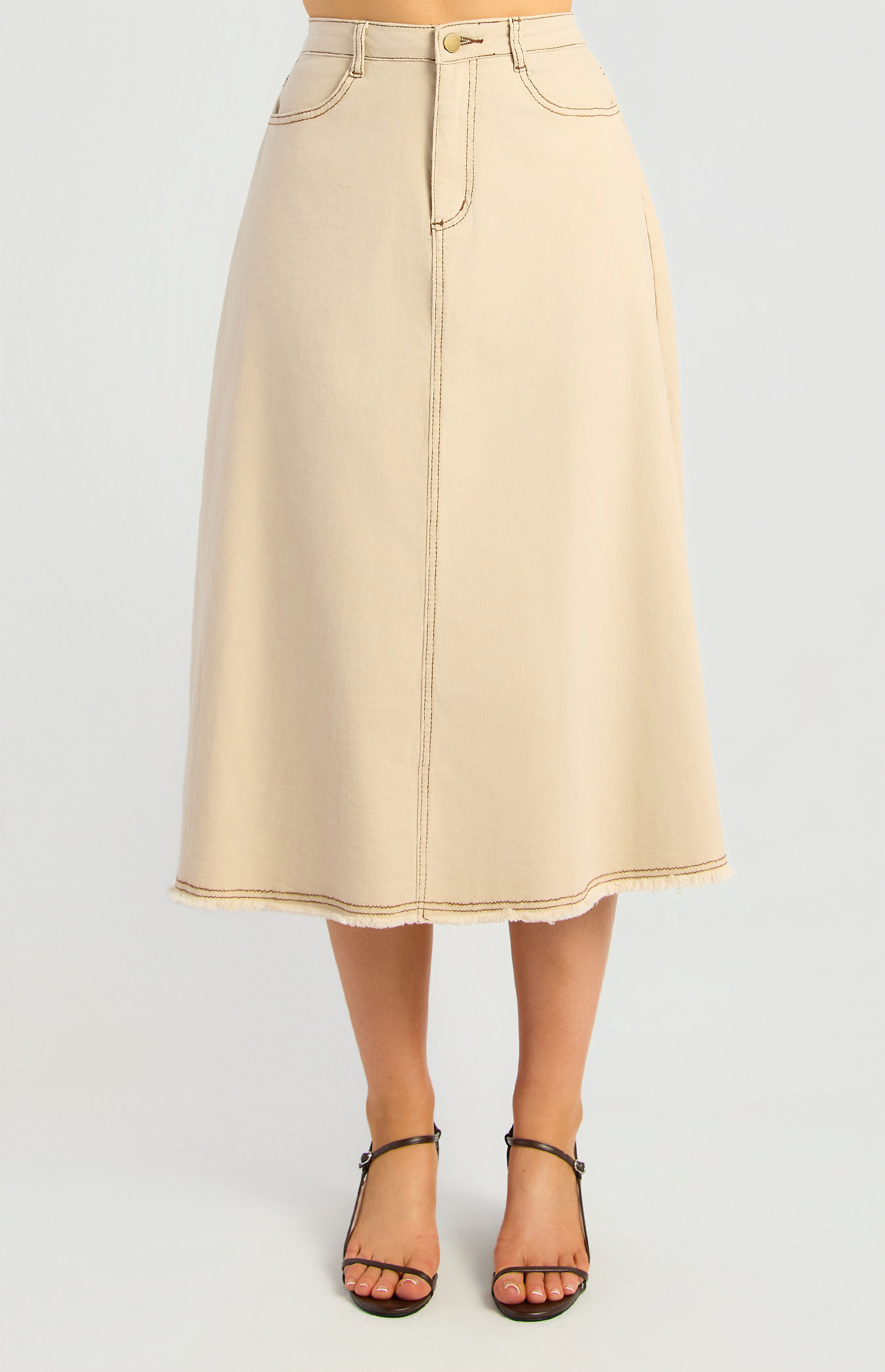 Frayed Hem A-Line Denim Midi Skirt (WDM664)