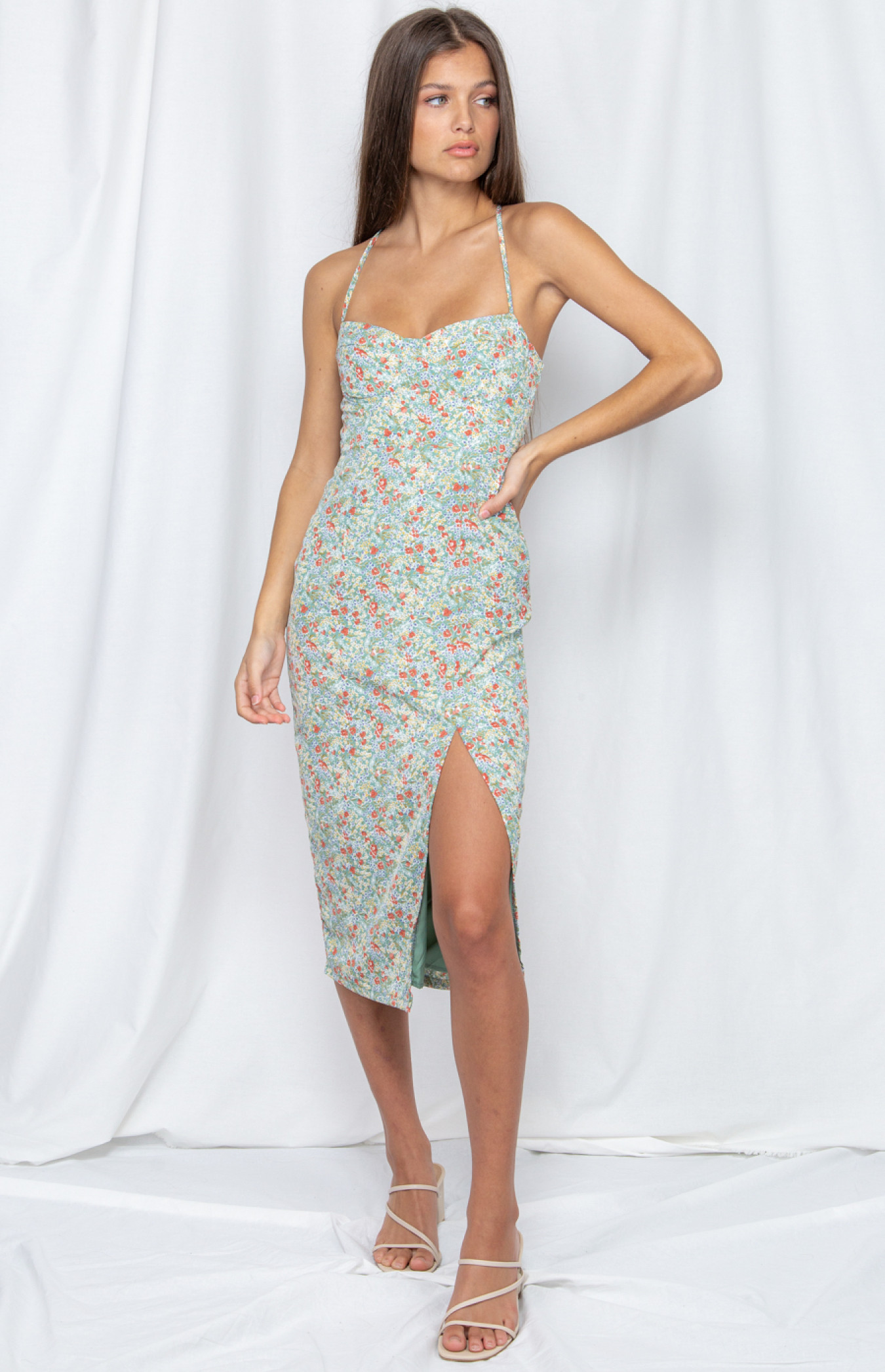 Printed Bust Detail Dress with Side Split (WDR238A)