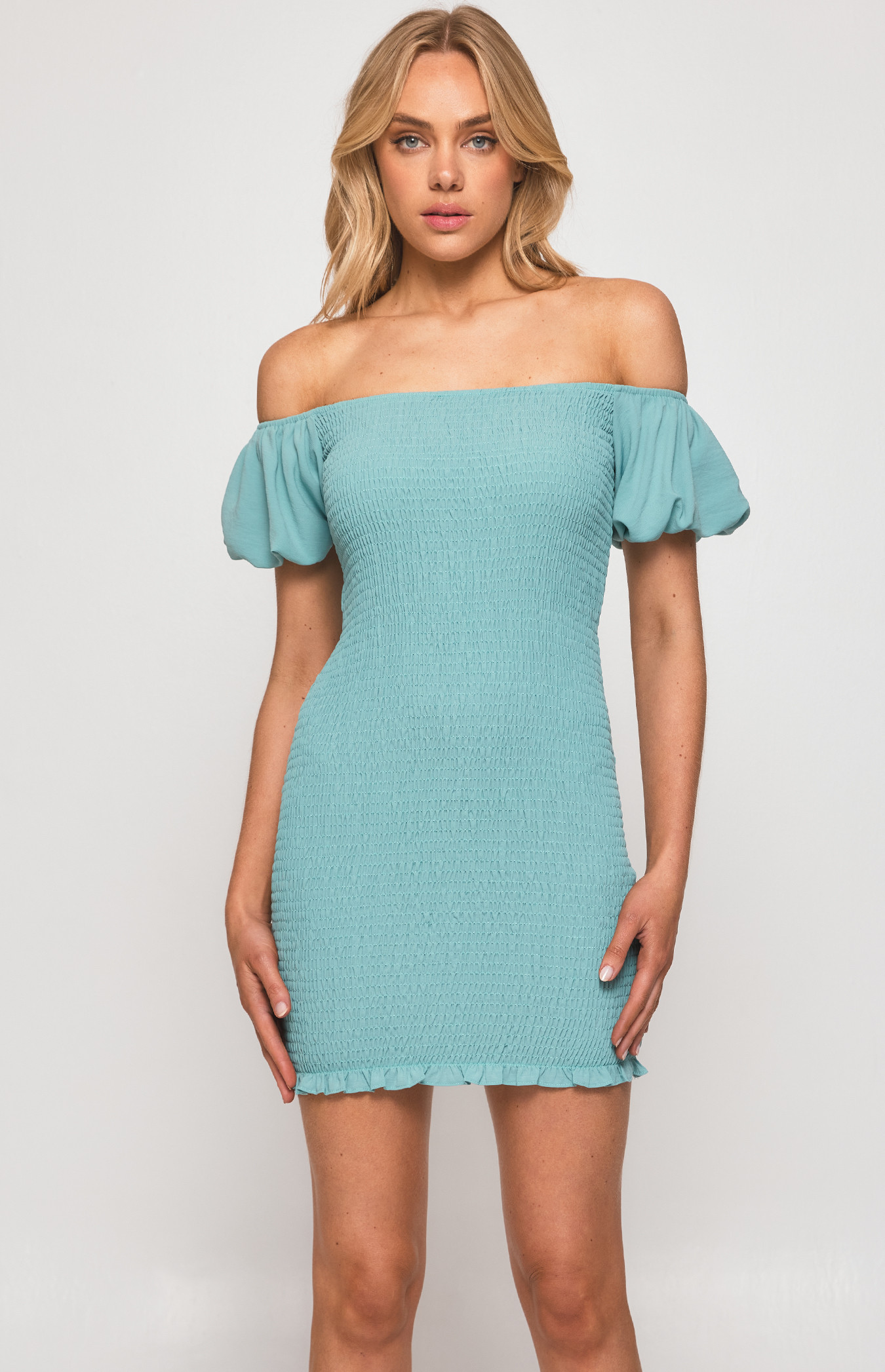 SHIRRED MINI DRESS WITH SHOULDER TIE