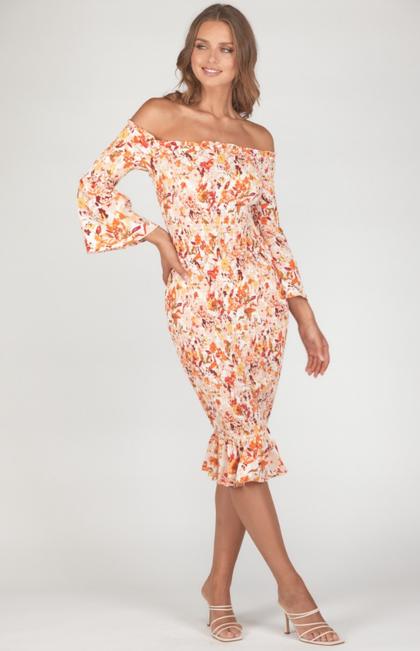 Off the Shoulder Shirred Midi Dress with 3/4 Bell Sleeves (WDR307-2B)