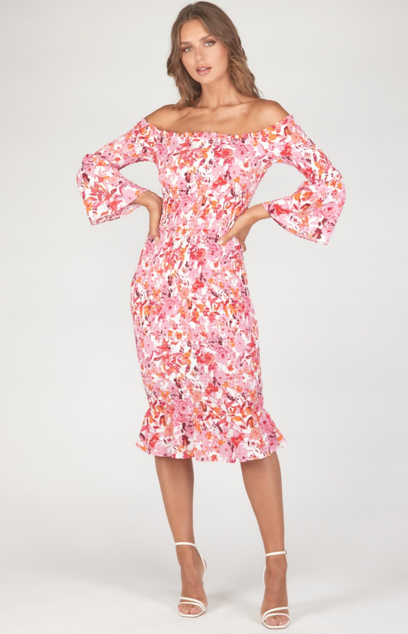 Off the Shoulder Shirred Midi Dress with 3/4 Bell Sleeves (WDR307-2B)
