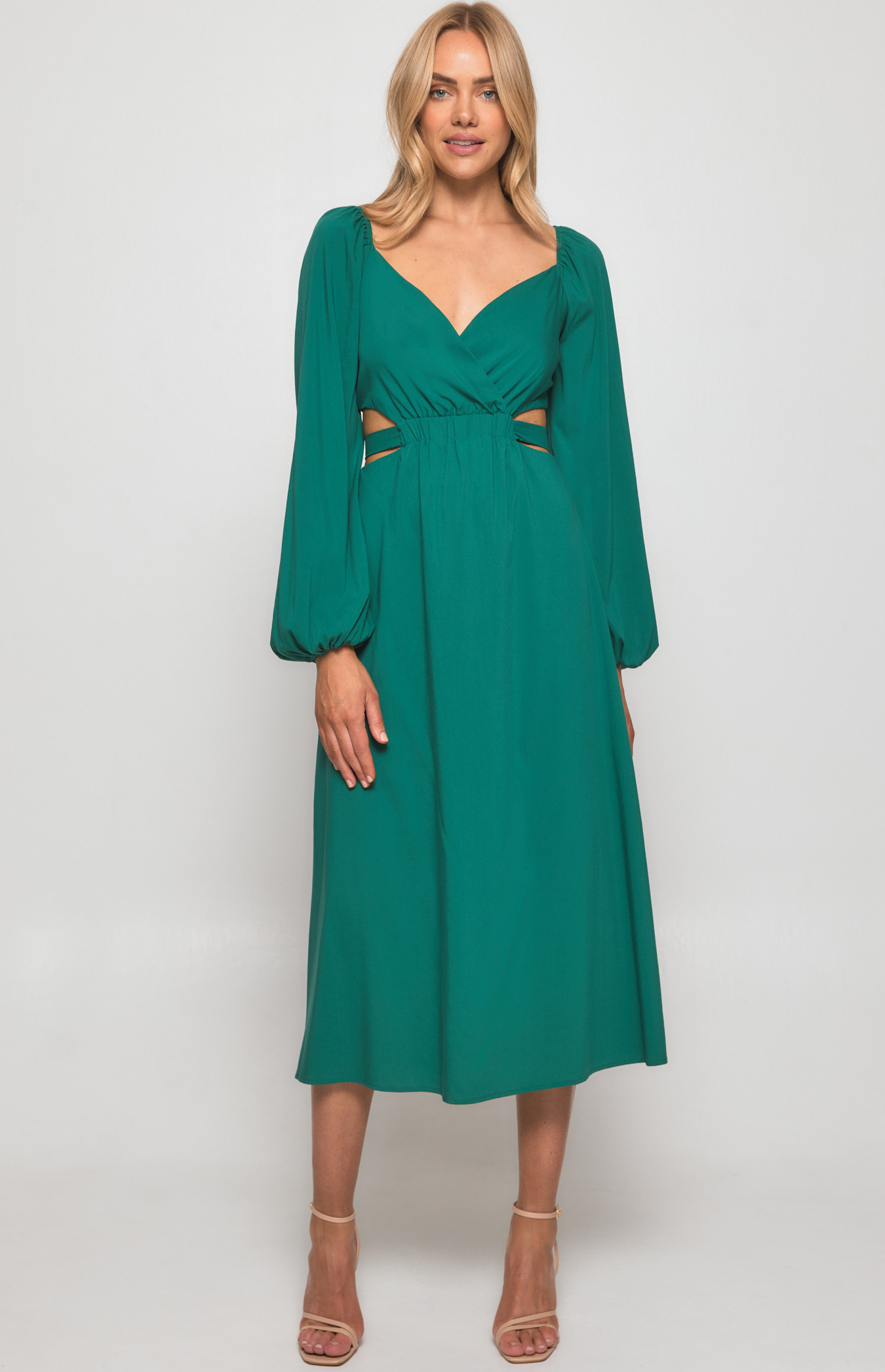 Long Sleeve Maxi Dress with Elastic Cut Out Waist (WDR451B)