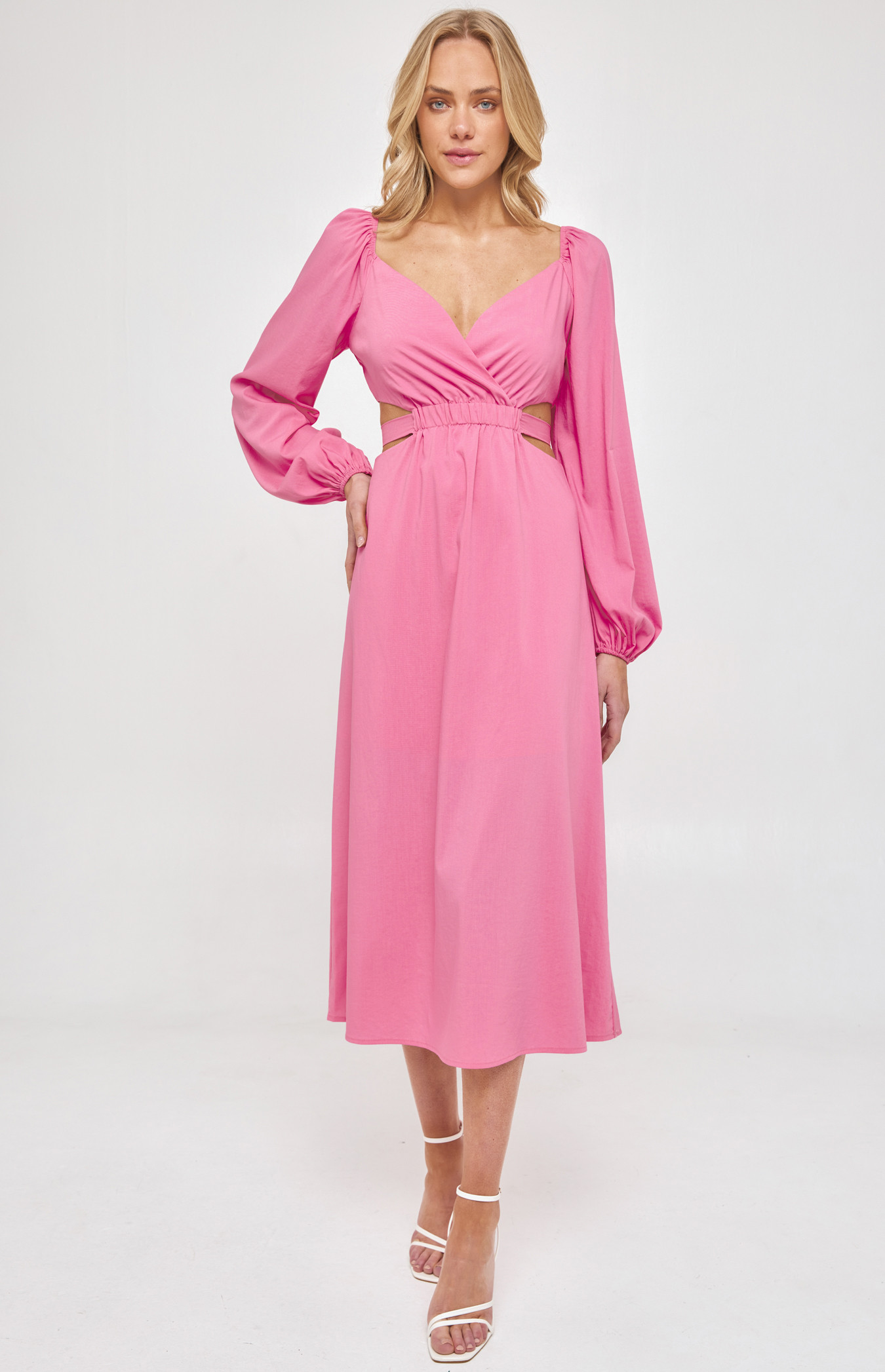 Long Sleeve Maxi Dress with Elastic Cut Out Waist (WDR451B)