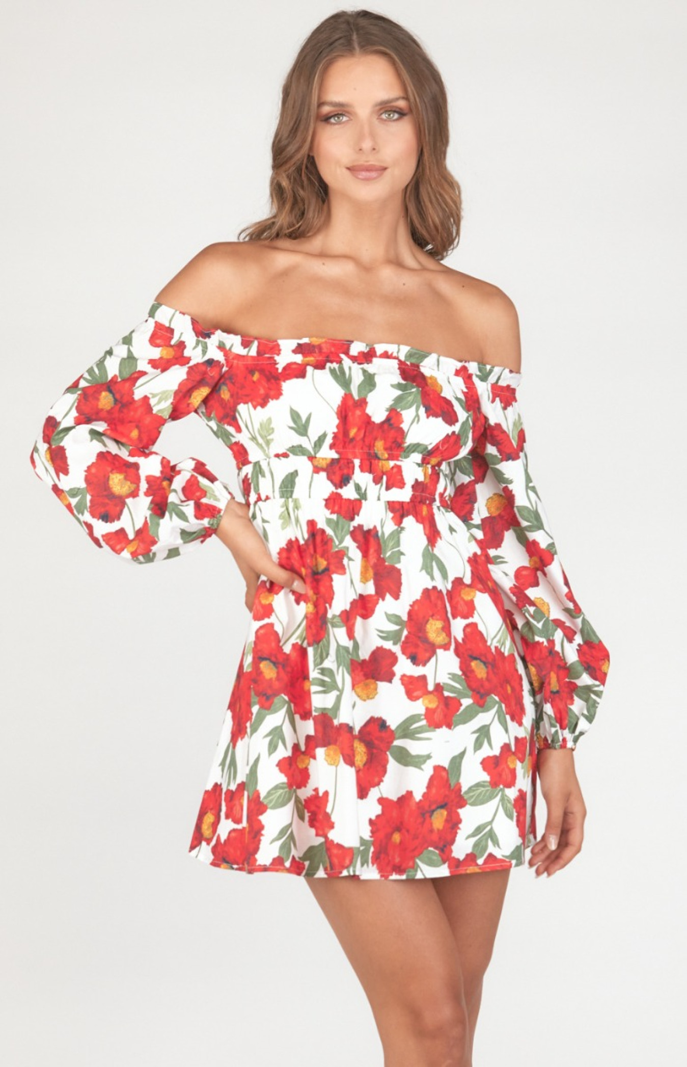 Floral Off the Shoulder Dress with Elastic Waist Detail (WDR452A)